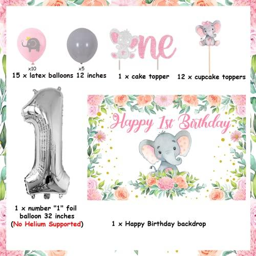 Funmemoir Elephant 1st Birthday Party Decorations Girl - Happy 1st Birthday Backdrop, Elephant One Cake Topper, Cupcake Toppers, Balloons, Pink Elephant Theme First Birthday Party Supplies
