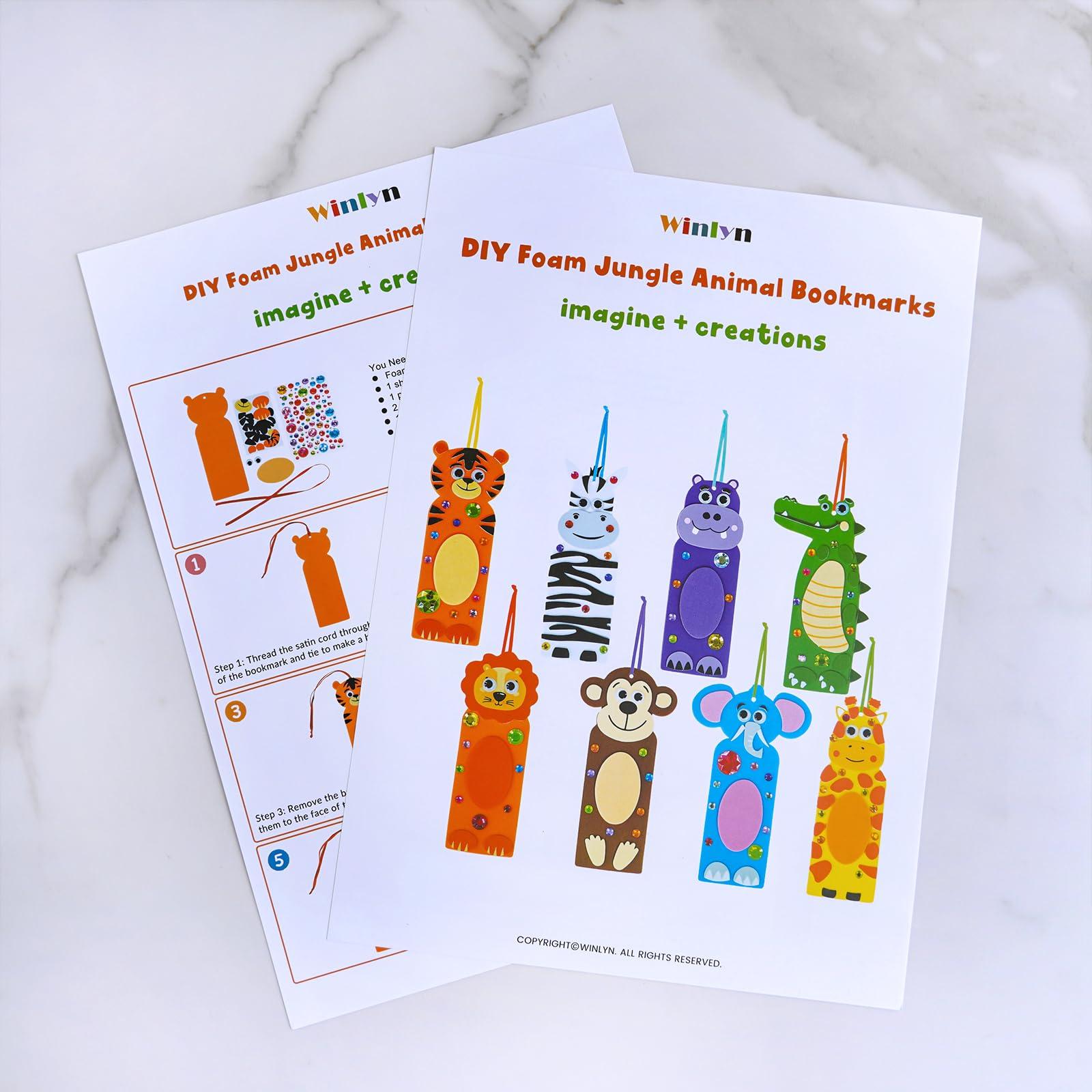 Winlyn Winlyn 32 Sets Jungle Animal Craft Kits DIY Jungle Safari Zoo Wild Animal Bookmarks Decorations Art Sets Tiger Lion Zebra Foam Stickers for Kids Classroom Activities Reading Rewards Party Favors