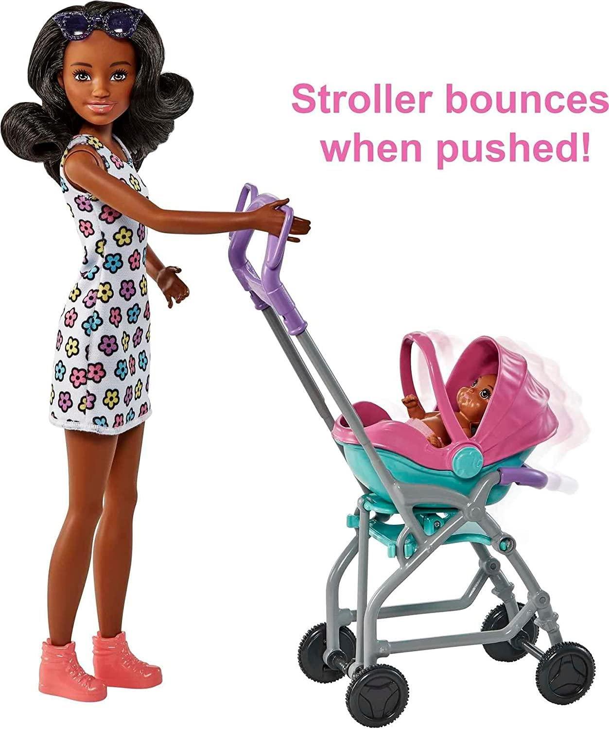 Barbie Barbie Skipper Babysitters Inc Playset with Brunette Doll, Stroller, Baby Doll & 5 Accessories, Remove Stroller Seat for Carrier