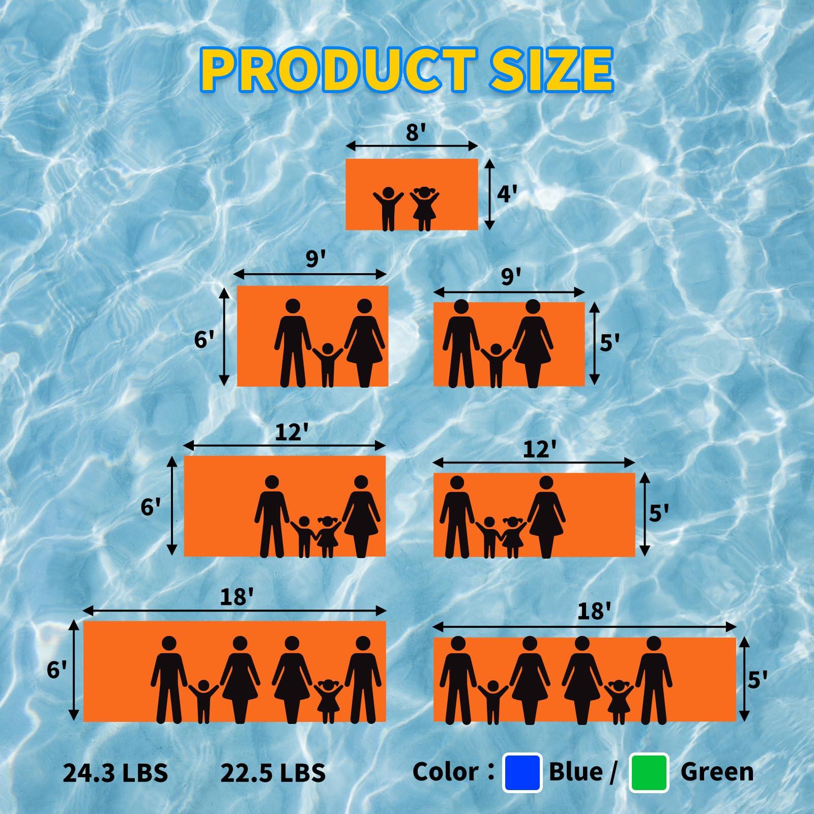 Pipleo 8'/9'/12'/18' Lily Pad Floating Mat, Premium Floating Water Mat for Lake, 3-Layer Tear-Resistant XPE Foam, Extra Large Floating Pad for Water Recreation and Relaxing (12X6 FT, Blue)