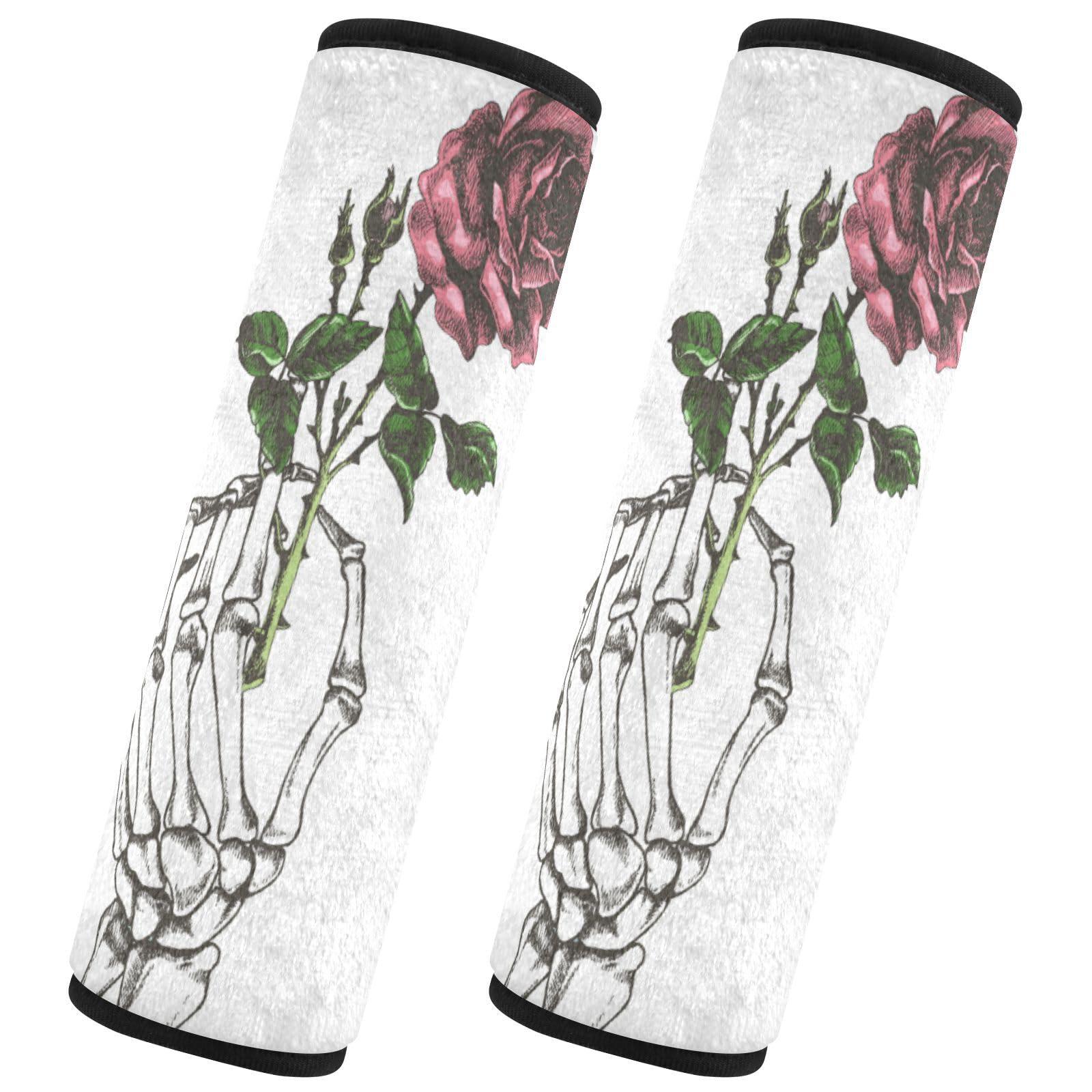 Dussdil Hand Skeleton with Flower Seat Belt Covers for Baby Kids Car Seat Strap Shoulder Seatbelt Covers 2 Pack Super Soft Car Seat Neck Cover for Boys Girls Adults Babies 10 in