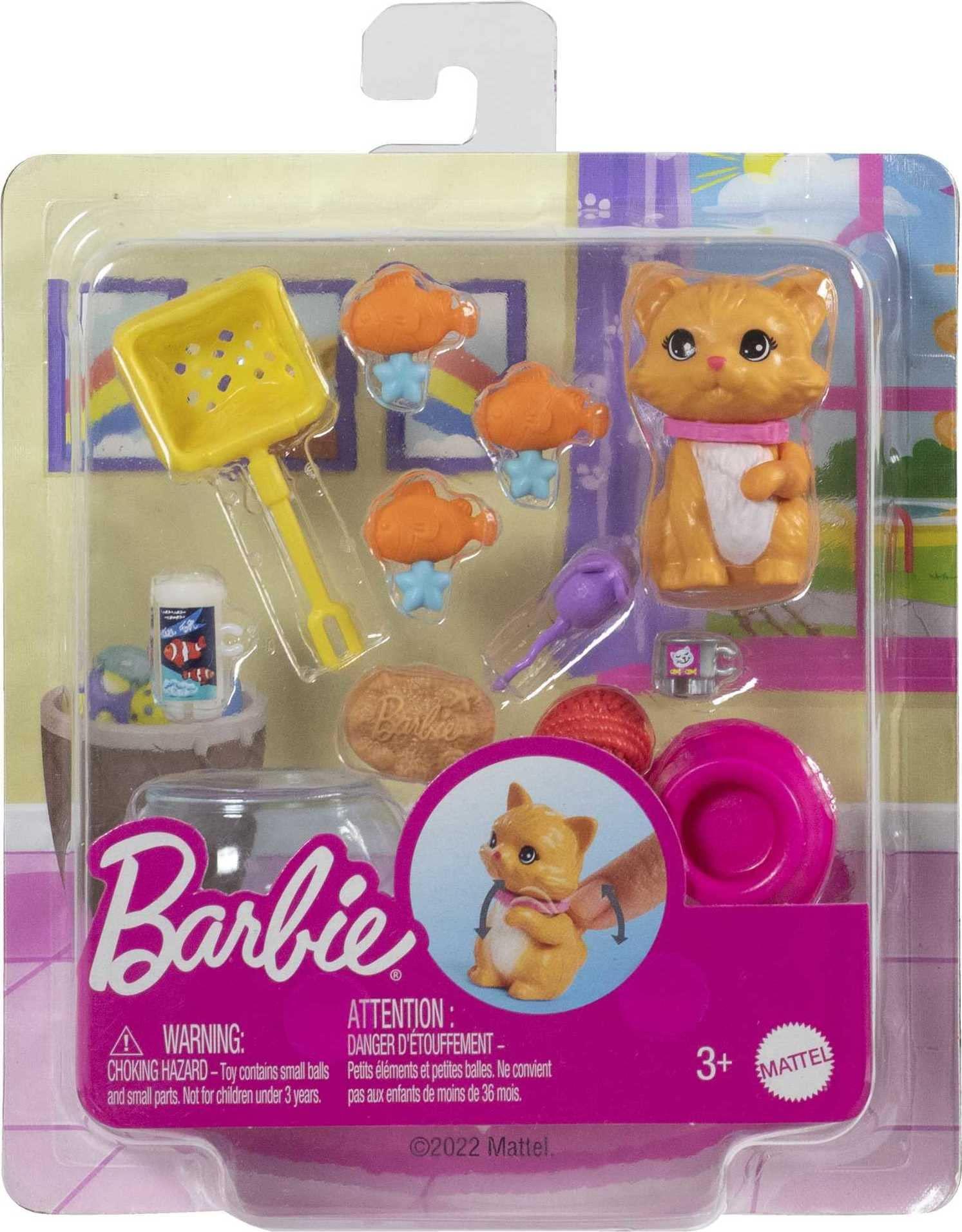 Barbie Barbie Pets and Accessories, Interactive Kitty Playset with Moving Paw and Head, 11 Animal Themed Pieces