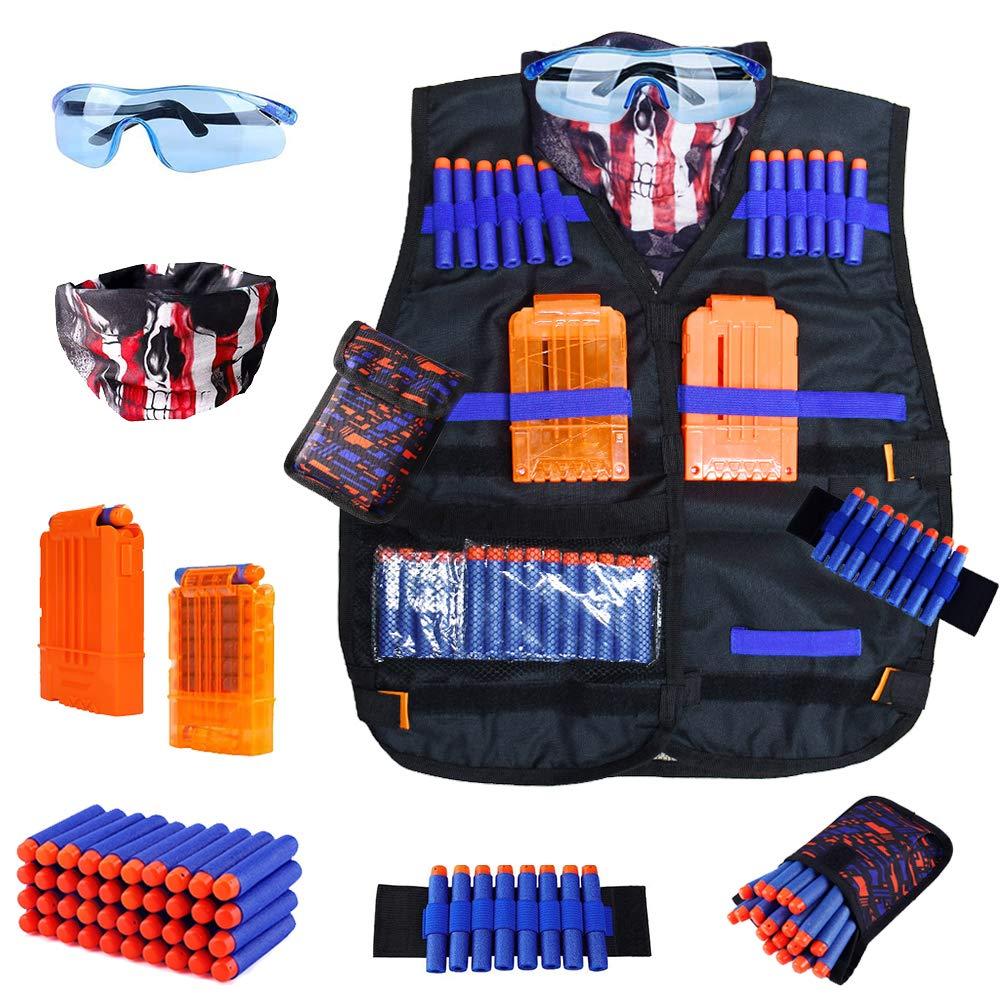 JGCWorker Kids Tactical Vest Kit for Nerf Guns N-Strike Elite Series with 40 Bullets Refill Darts, 2 Reload Clips, Dart Pouch, Tactical Masks, Hand Wrist Band and Protective Glasses Nerf Vest for Boys