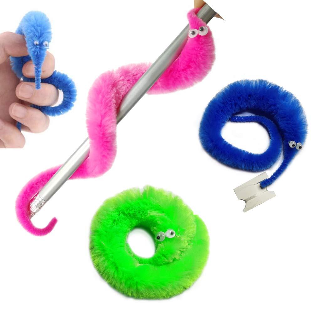 SHENGSEN SHENGSEN 12 Pieces Fuzzy Worm Toys String Pets Fuzzy Worms On String Bulk Trick Toy Party Favors for Kid Cat (12 Colors)