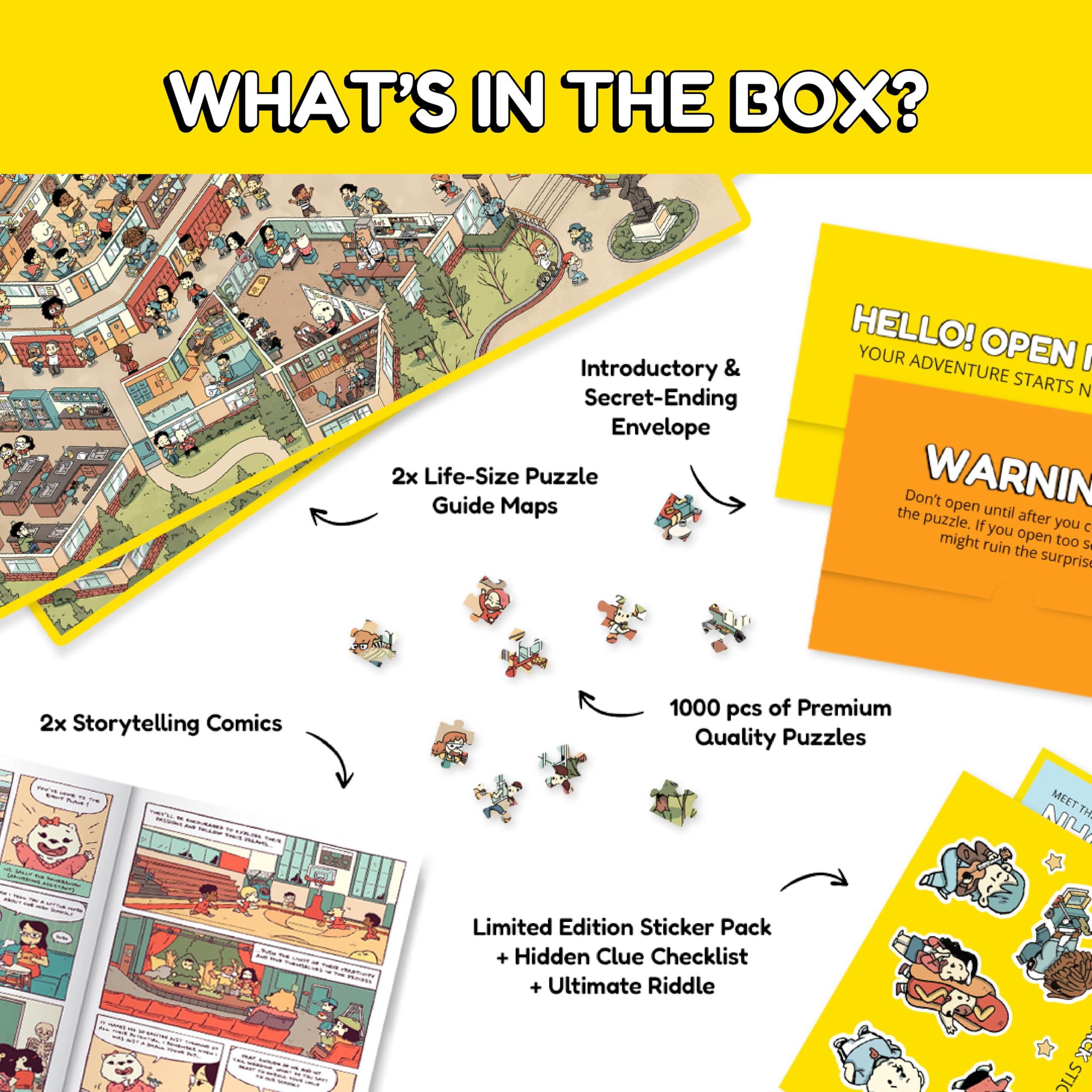 Odd Pieces Odd Pieces Mystery Jigsaw Puzzle-1,000 Pcs Mystery Puzzle with Storytelling Comics, Secret Ending-1000 Piece Puzzle for Adults & Kids 19.7\'\' x 27.6\'\' Frameable Magic Puzzle Art (Snack Attack)