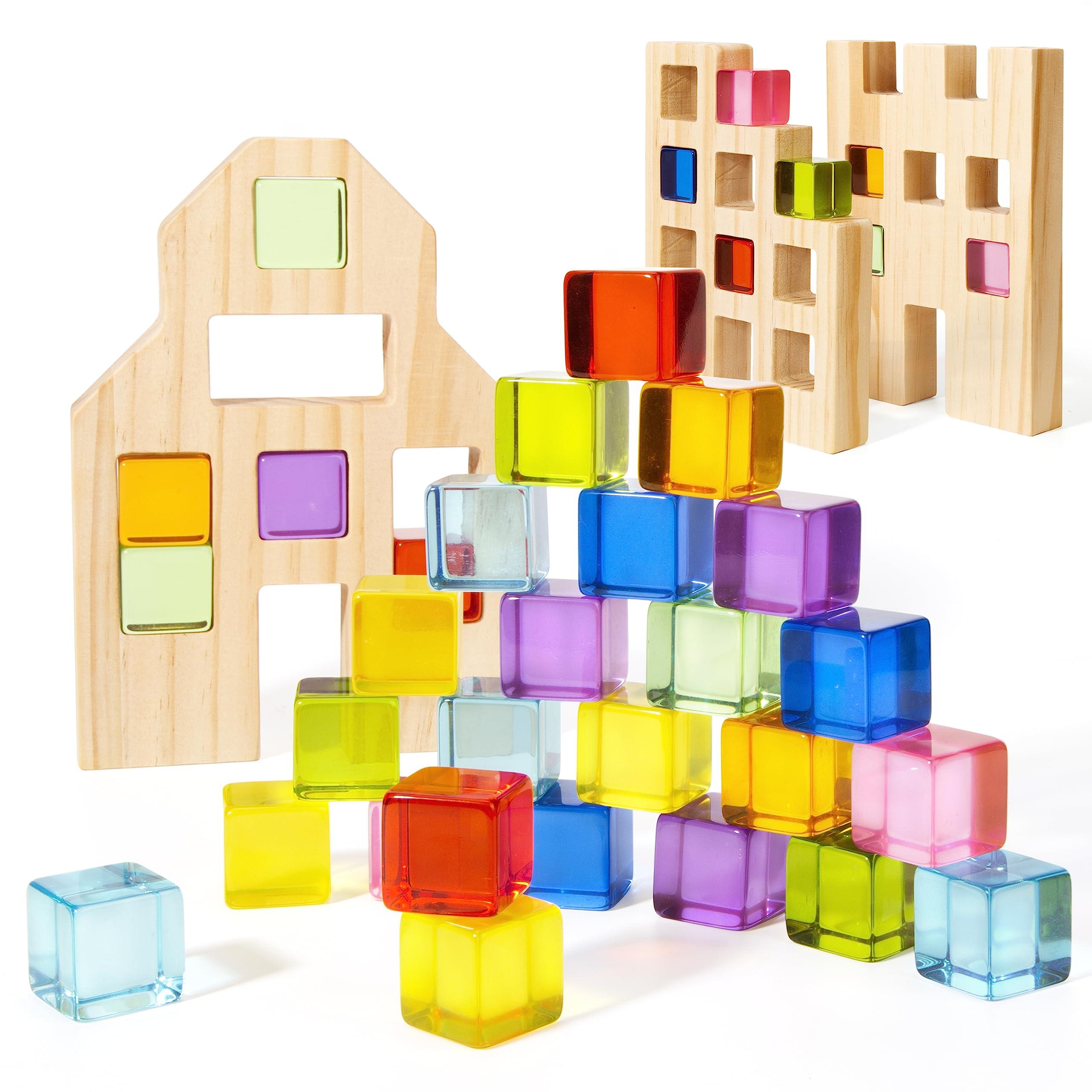 Woodtoe Woodtoe Wooden Building Blocks Set for Kids, 36 PCS Rainbow Acrylic Gem Cubes Blocks - 3 Wood House, Montessori Stacking Toy for Toddlers, Educational STEM Toys Birthday for Boys Girls 3-6