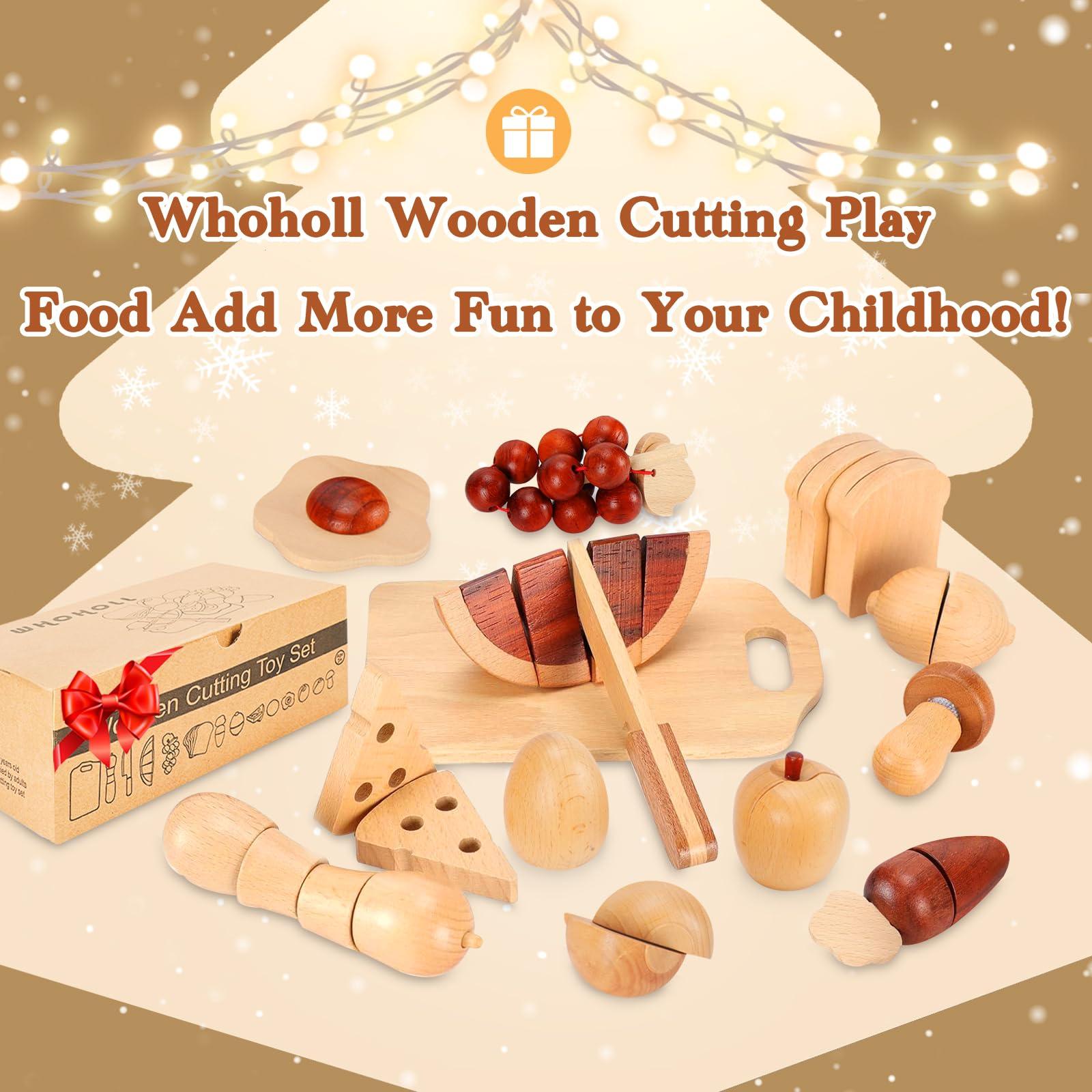 WHOHOLL WHOHOLL Wooden Play Food, Toddler Cutting Play Food Sets for Kids Kitchen, Velcro Fake Food Fruit Toys for Pretend Play Kitchen, Montessori Toy Kitchen Accessories for Girls Boys Gifts