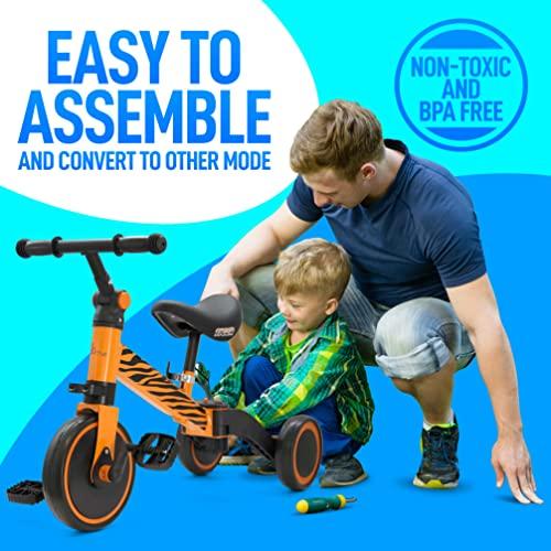Hurtle 3 in 1 Kids Tricycles - Balance Training Bike Convertible Toddler Walker Riding Toys for 10 Month to 3 Year Old Boys Girls w/Removable Pedals, Carbon Steel Frame, Adjustable Seat Height (Tiger)