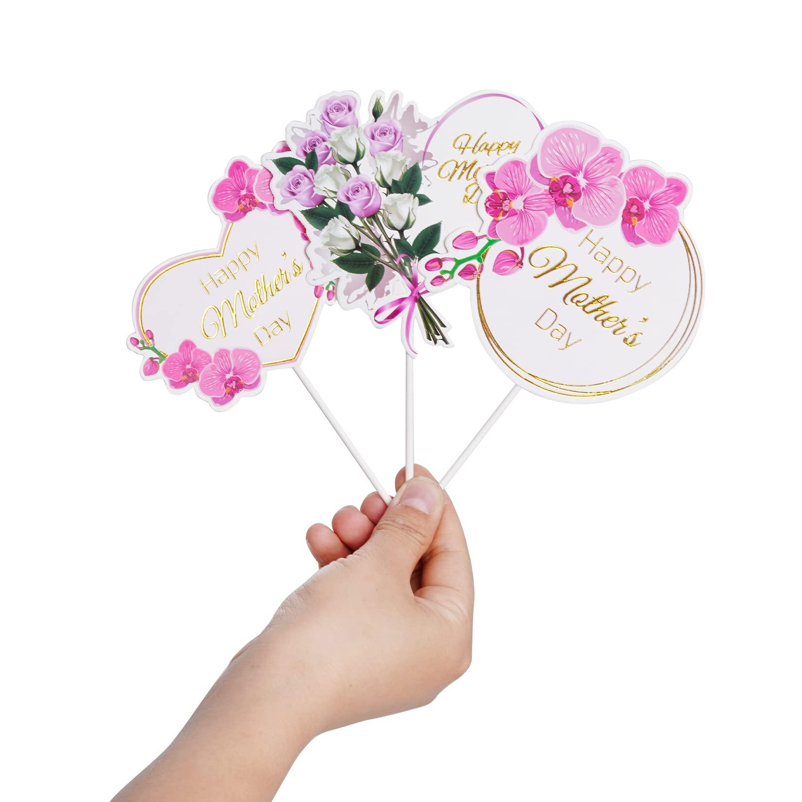SUMERSHA SUMERSHA 12 Pieces Happy Mother's Day Cake Toppers Flower Cupcake Topper for Mother's Day Birthday Cake Decoration Party Supplies, 3 Styles
