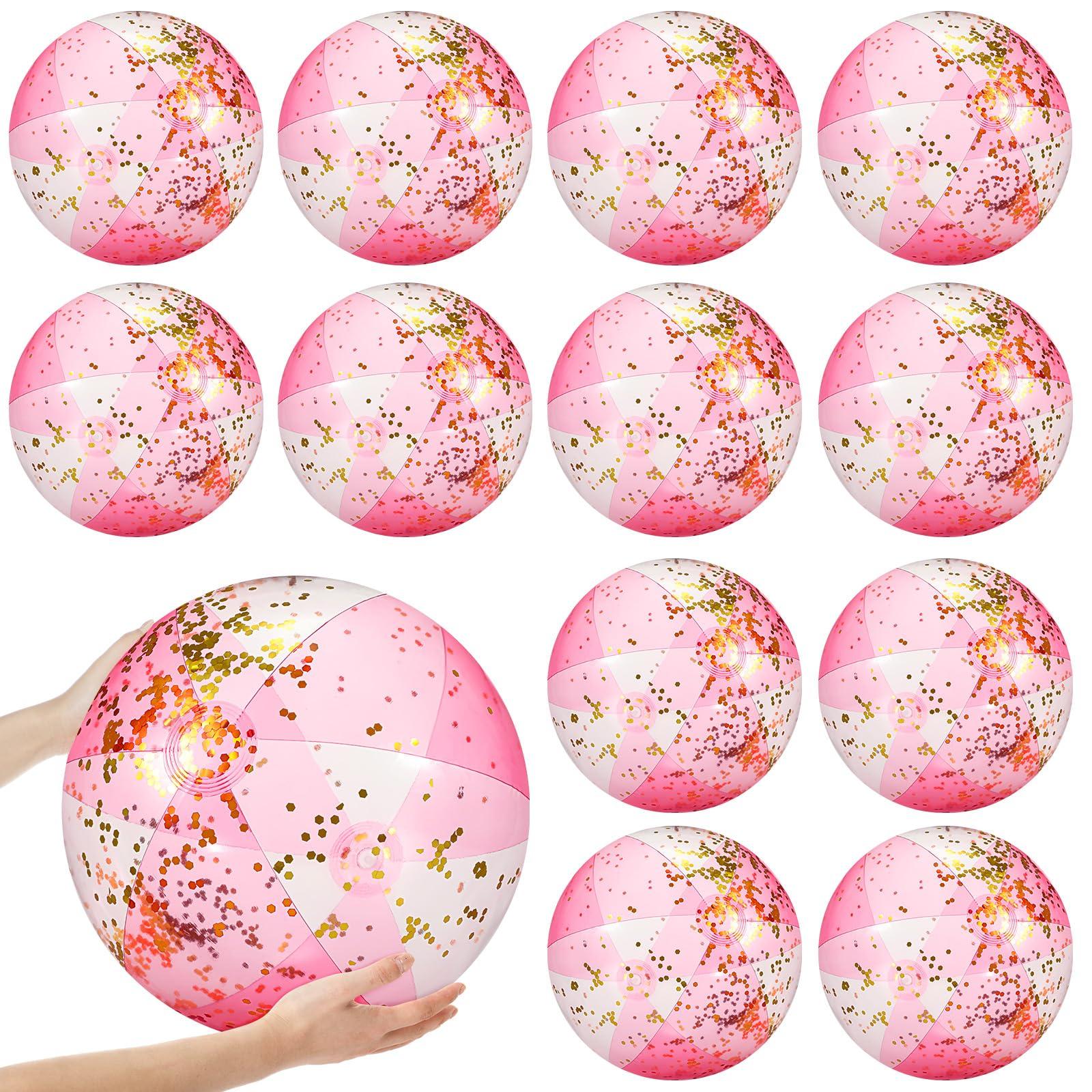 Chitidr Chitidr 12 Pcs 16 Inch Inflatable Beach Ball Glitter Bulk Clear Confetti Pool Swimming Bubble Ball Outdoor Summer Pool Party Decor for Adults Swimming Hawaiian Tropical Theme(Pink)