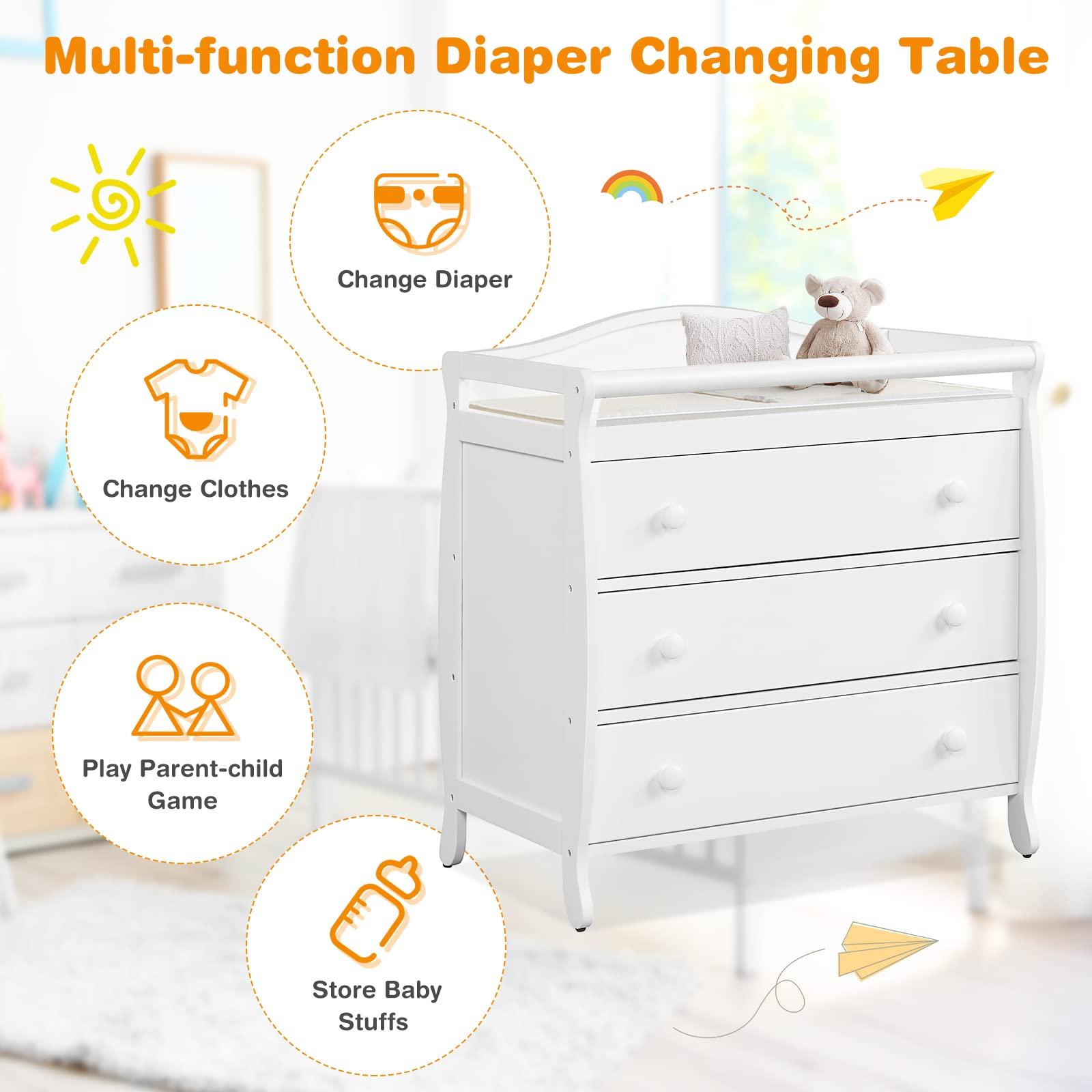 Costzon Costzon 3-Drawer Changing Table, Infant Diaper Changing Station with Drawers, Safety Rails & Strap, Baby Changing Table Dresser for Nursery, Easy Assembly (White)