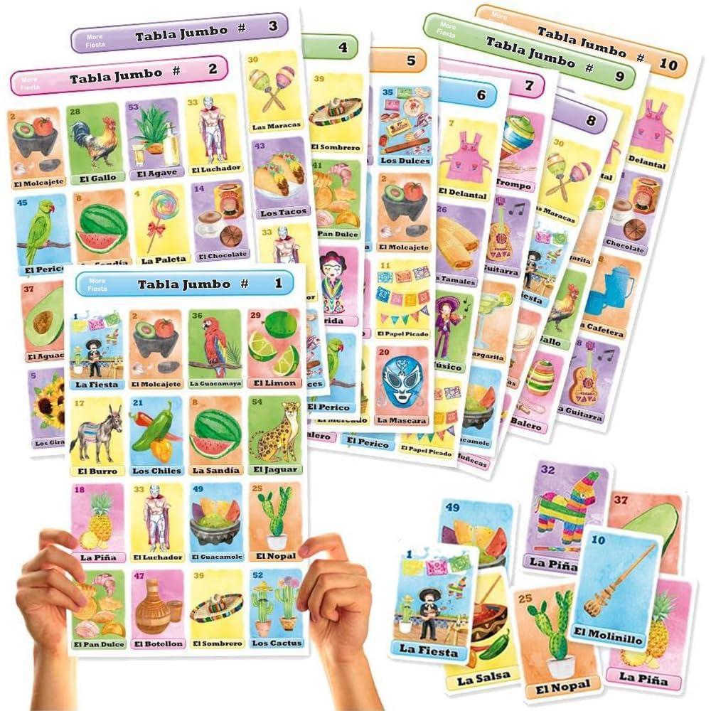 More Fiesta Jumbo Size Mexican Fiesta Bingo Tablas Game Set in Spanish, for up to 10 Players - 10 Large Size Boards and Full Deck of Cards