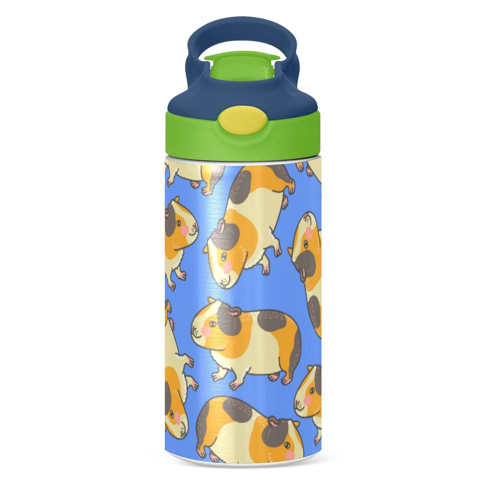 Wusikd Cartoon Guinea Pig Water Bottle with Straw Insulated Stainless Steel Cute Water Bottles for Cups Thermos for School Boys Girls BPA Free Cups 12 oz Green Top