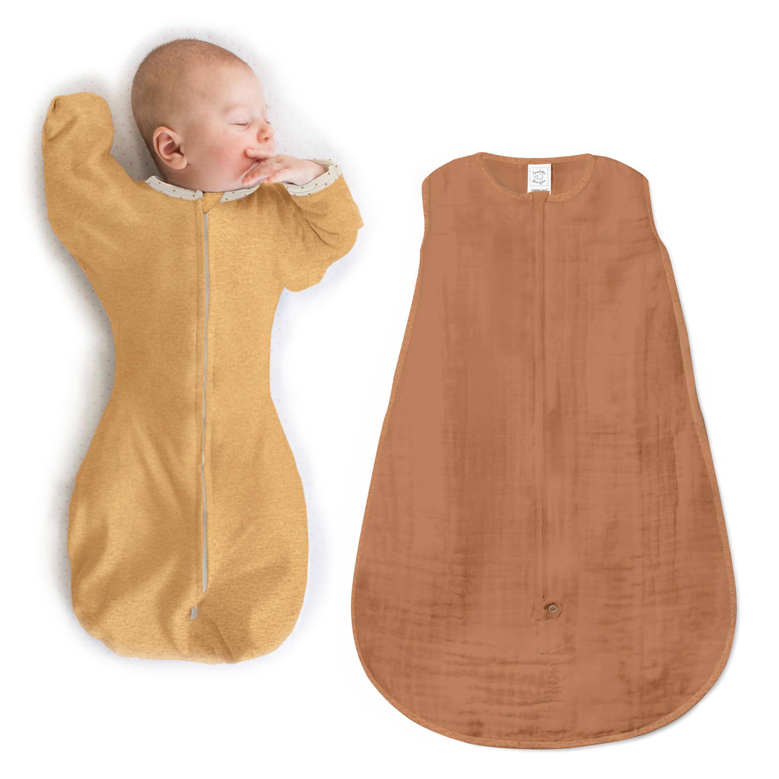 SwaddleDesigns SwaddleDesigns Baby Sleep Sack Set, Gold and Butterum, 0-3 Mo Transitional Swaddle Sack with Arms Up Half-Length Sleeves & Mitten Cuffs and 0-6 Mo Cotton Muslin Wearable Blanket with 2-Way Zipper