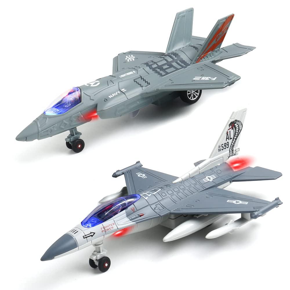 chengchuang F35 F16 Airplane Toy, 2 Pack Fighter Jet Toy for Kids, Pull Back Toy Jets, Diecast Airplanes Model with Light & Sound, Metal Airplane Gifts for Kids Decor