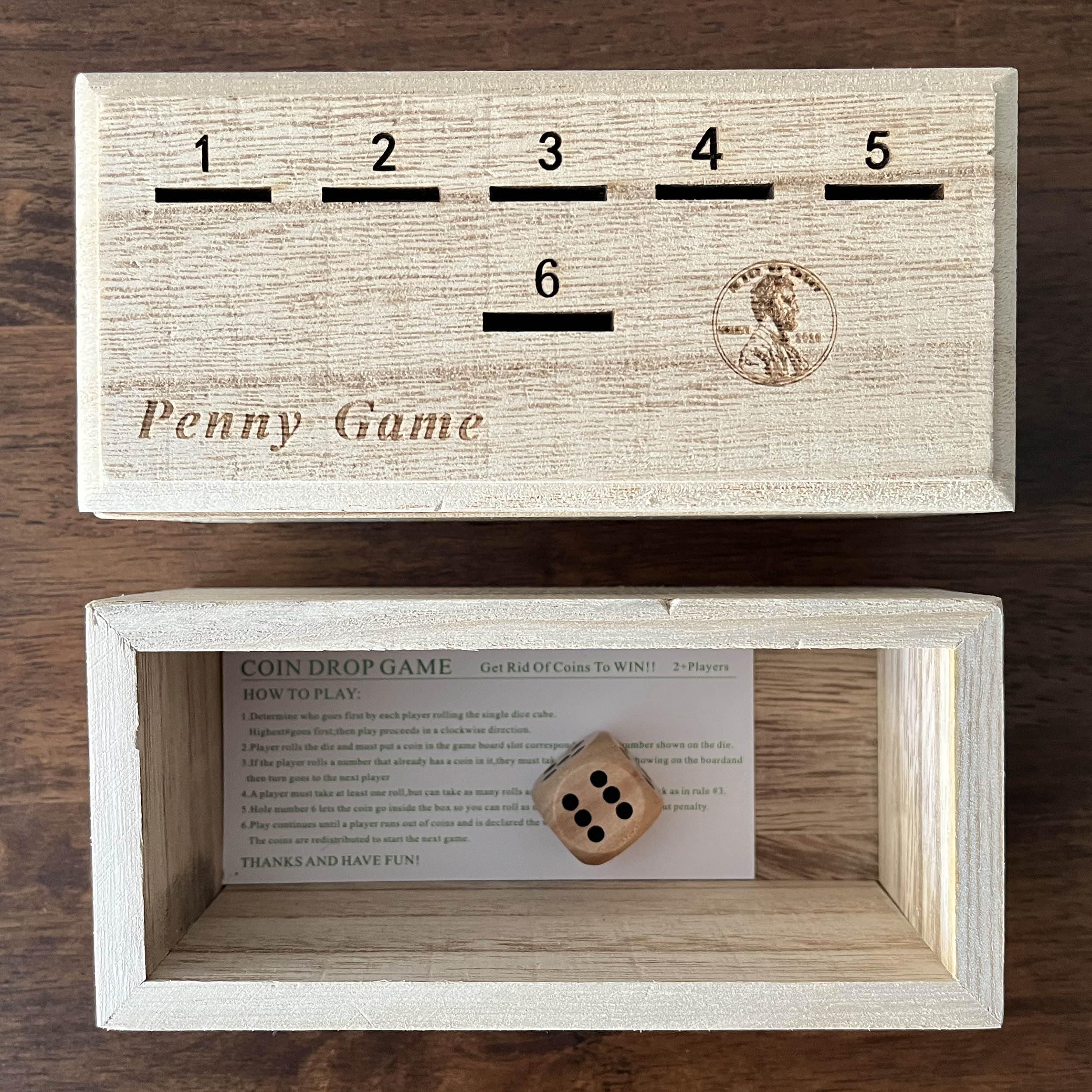 CBLKUS Penny Game - Fun Board Game Works with Coines, Get Rid of Coins to Win, Penny Game Wood Box for 2-6 Players, Simple + Strategic Dice Games
