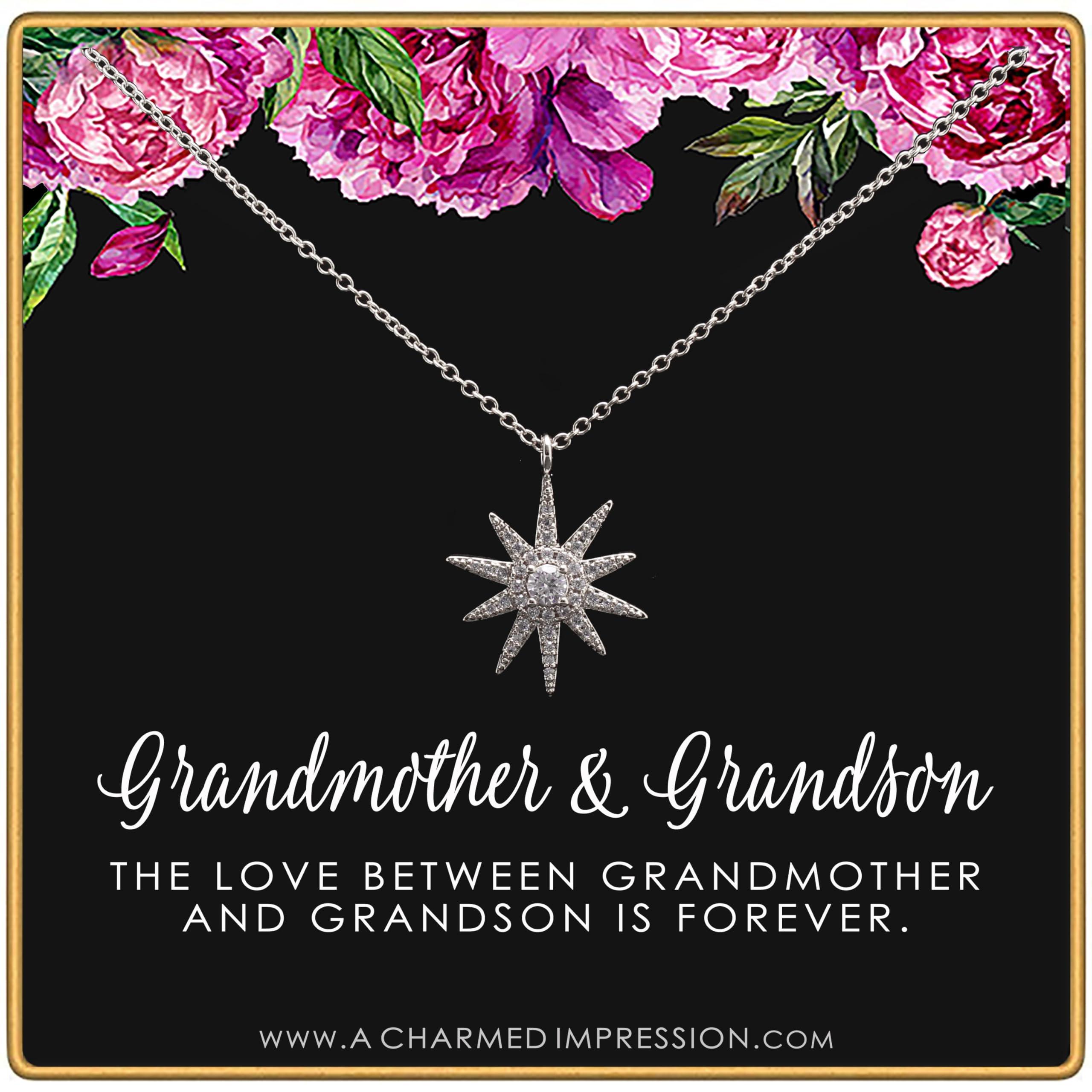 A Charmed Impression Gift for Grandma Necklace Grandmother Gifts from Grandson Intentional Gift from Grandchild Infinite Love Mother\'s Day Christmas Birthday Gifts for Grandma - Large Starburst Necklace Silver