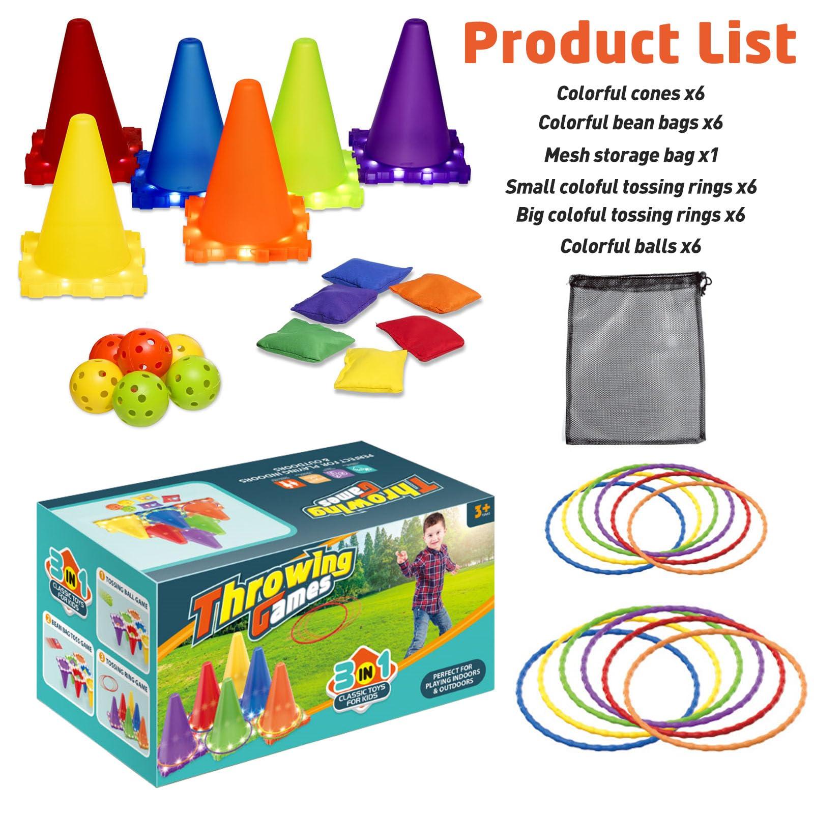 Whimtoyland 3-in-1 Carnival Games for Kids: Carnival Games with LED Lights 31 Pcs Outdoor Toys for Toddlers Ring Toss Game, Bean Bag Toss Game, Soft Plastic Cones, Yard Lawn Game for Family Party