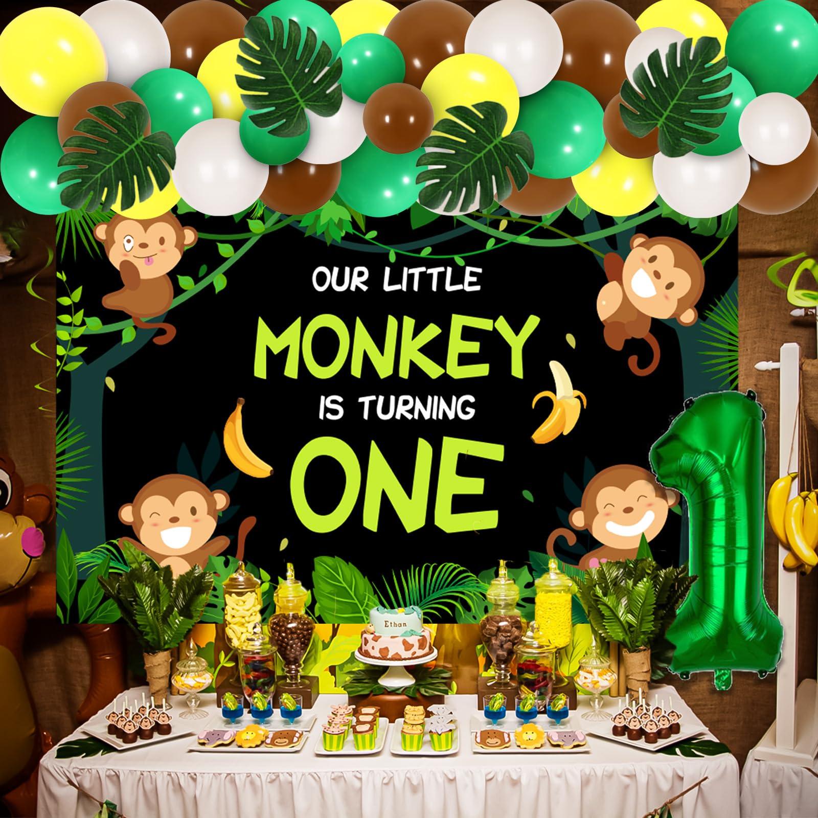 Funmemoir Monkey 1st Birthday Party Decorations - Our Little Monkey Is Turning One Backdrop, Jungle Safari Balloon Garland Arch Kit, Artificial Palm Leaves, Foil Balloons, Jungle Monkey Birthday Decorations