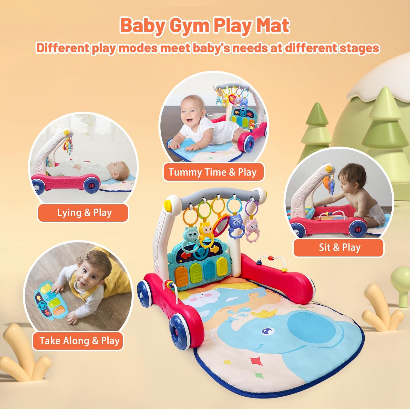 Cuterabit Baby Gym Play Mat & Baby Walker, Baby Activity Center with Music and Light, Tummy Time Mat, Push Toys for Toddler, Detachable Play Piano and Rattles for Newborn Babies Infants Boys Girls