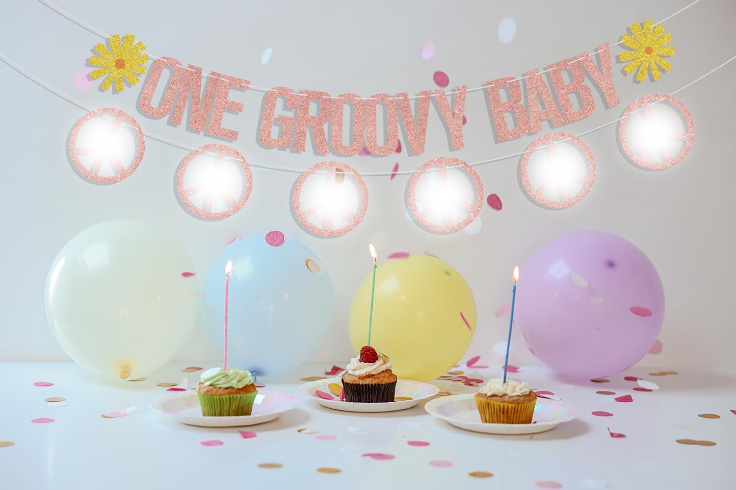 Gtoirpecx One Groovy Baby Banner,Groovy 1st Birthday Decorations,Groovy One Banner For Hippie Party Decorations,One Groovy Baby Birthday Decorations Girl/Boy Rose Gold Glitter