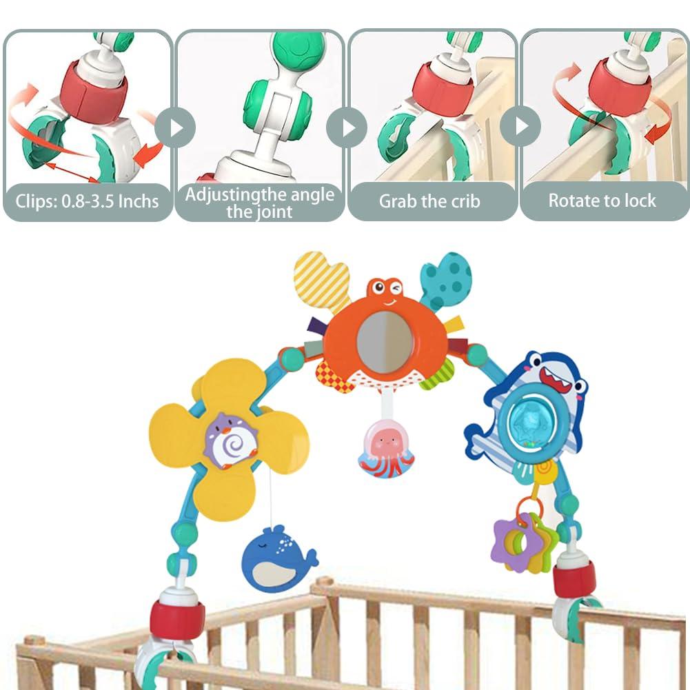 BARMACO Baby Stroller Arch Toy, Infant Car Seat Toys with Play Accessories, Newborn Foldable Activity Crib Toys, Sensory Travel Mobile Animal Bassinet Toys for Toddler Boys Girls, Adjustable Hanging Toys