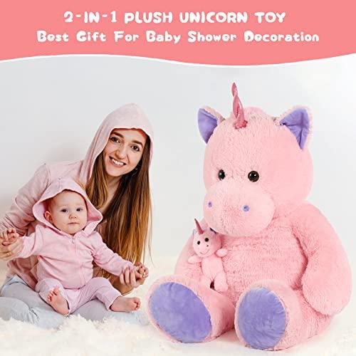MorisMos MorisMos Giant Stuffed Unicorn 4 Foot, 51\'\' Giant Unicorn Stuffed Animal, 2-in-1 Big Stuffed Unicorn & Baby Unicorn Doll, Pink Unicorn Stuffed Animal for Girl Kid on Birthday Christmas Valentine\'s Day