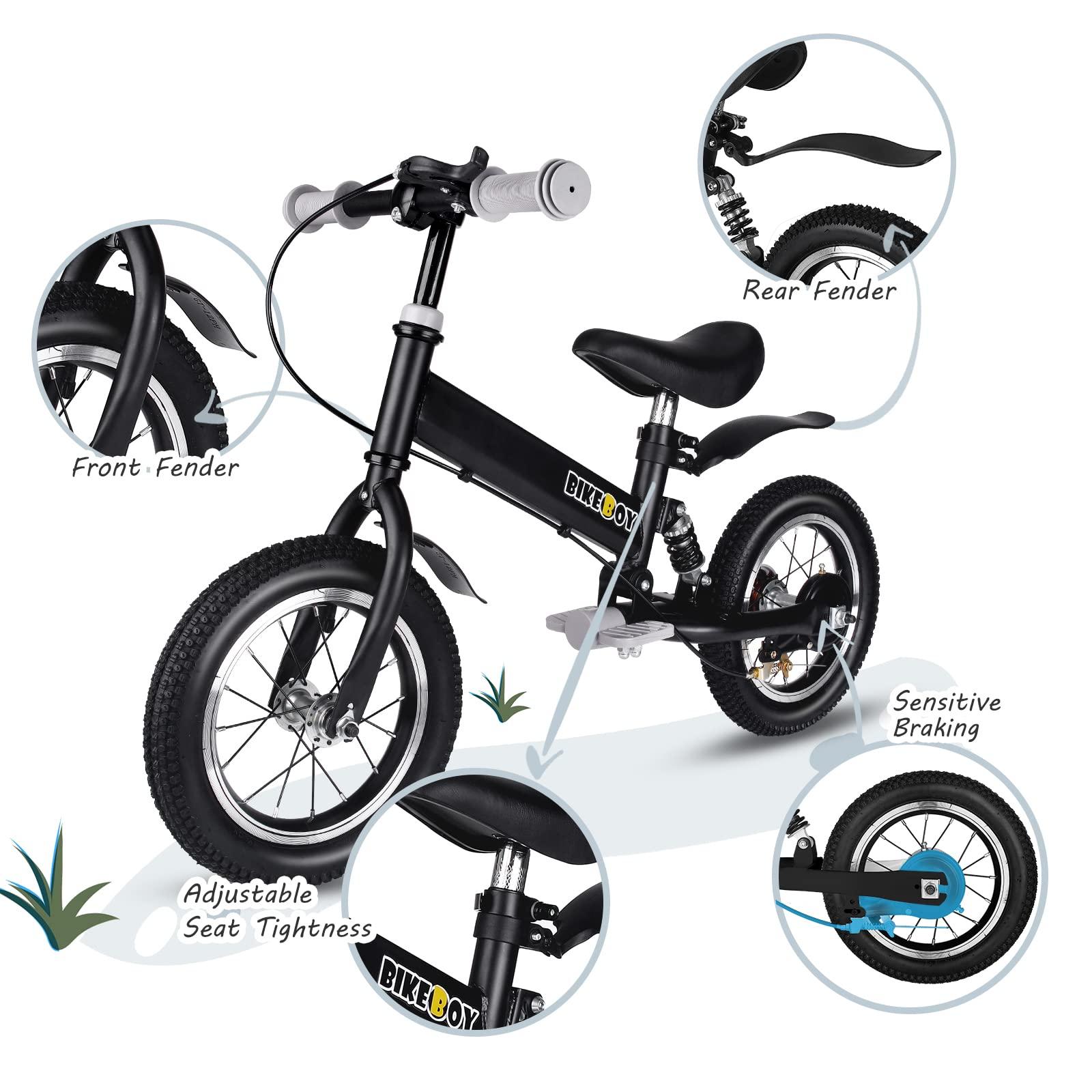 BIKEBOY bikeboy Balance Bike 14 Inches, Dual Use Kids Bike for 2-6 Years Old, Shock Absorbers, Fenders, Pedals, Auxiliary Wheels, Black