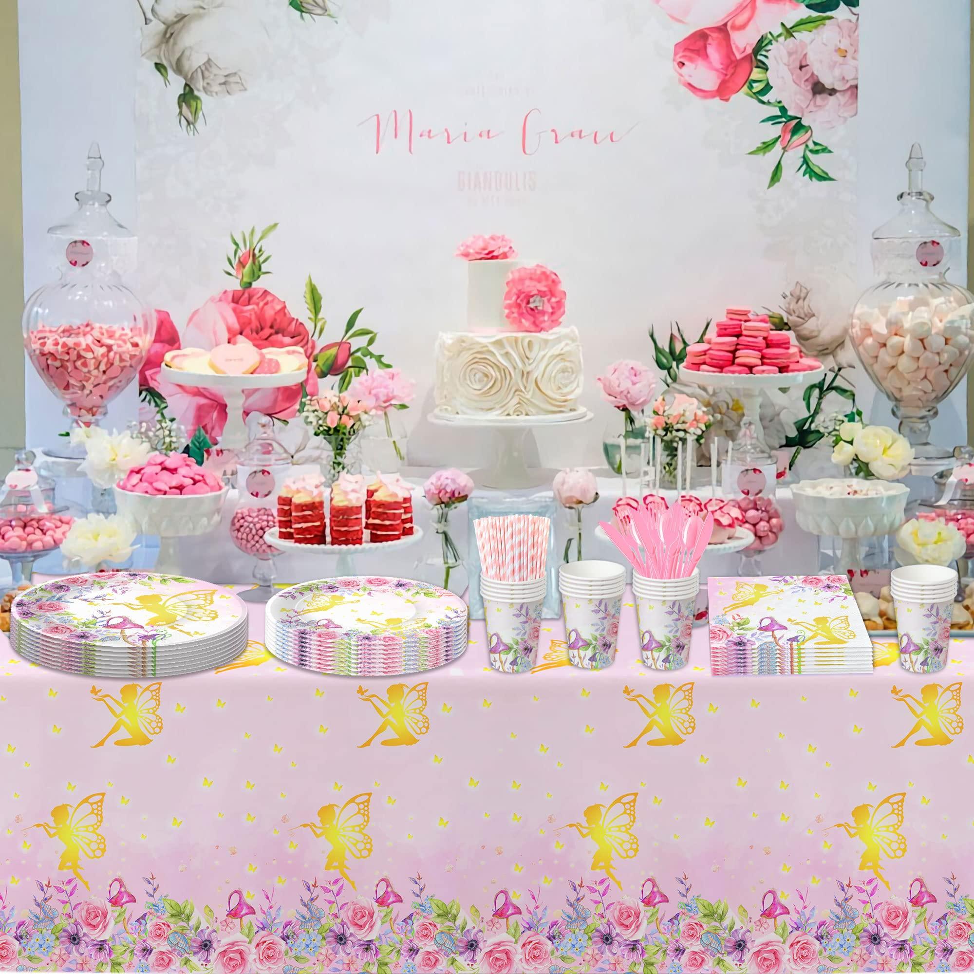 APOWBLS APOWBLS Fairy Birthday Party Supplies - Fairy Party Decorations, Plate, Cup, Napkin, Tablecloth, Cutlery, Floral Gold Fairy Theme Baby Shower Birthday Decorations Spring Tea Party Tableware | Serve 24