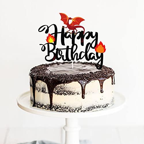 LECAKTO Black Glitter Dragon Happy Birthday Cake Topper,Dragon Knight Theme Birthday Party Cake Decor For Kids Boy Or Girl,Happy Birthday Party Decorations Supplies