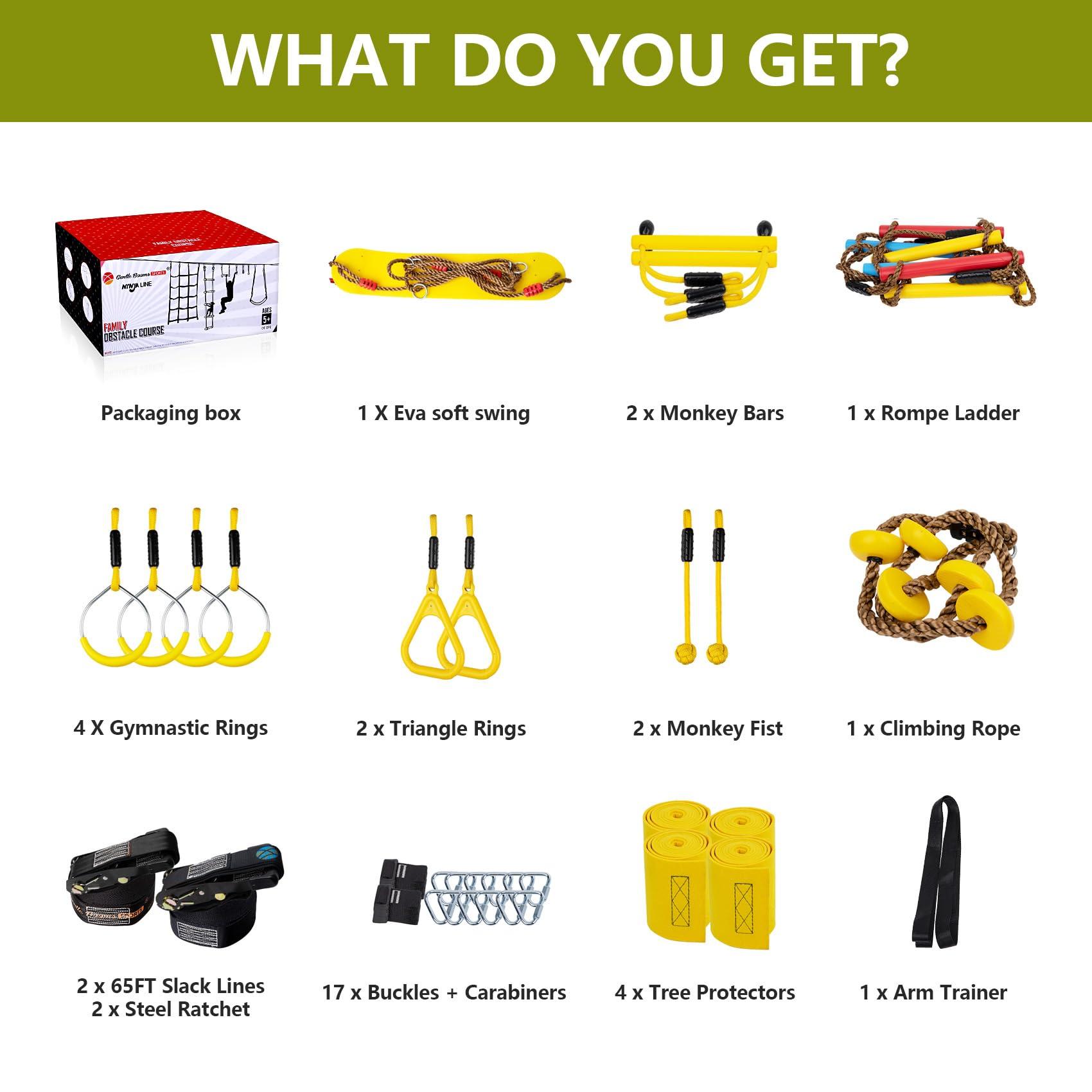 ninja line NINJA LINE 2X65FT Ninja Warrior Obstacle Course for Kids - Ninja Slackline with 14 Obstacles - Ninja Course for Kids with Swing, Ladder,Monkey Bar,Arm Trainer, Climbing Rope