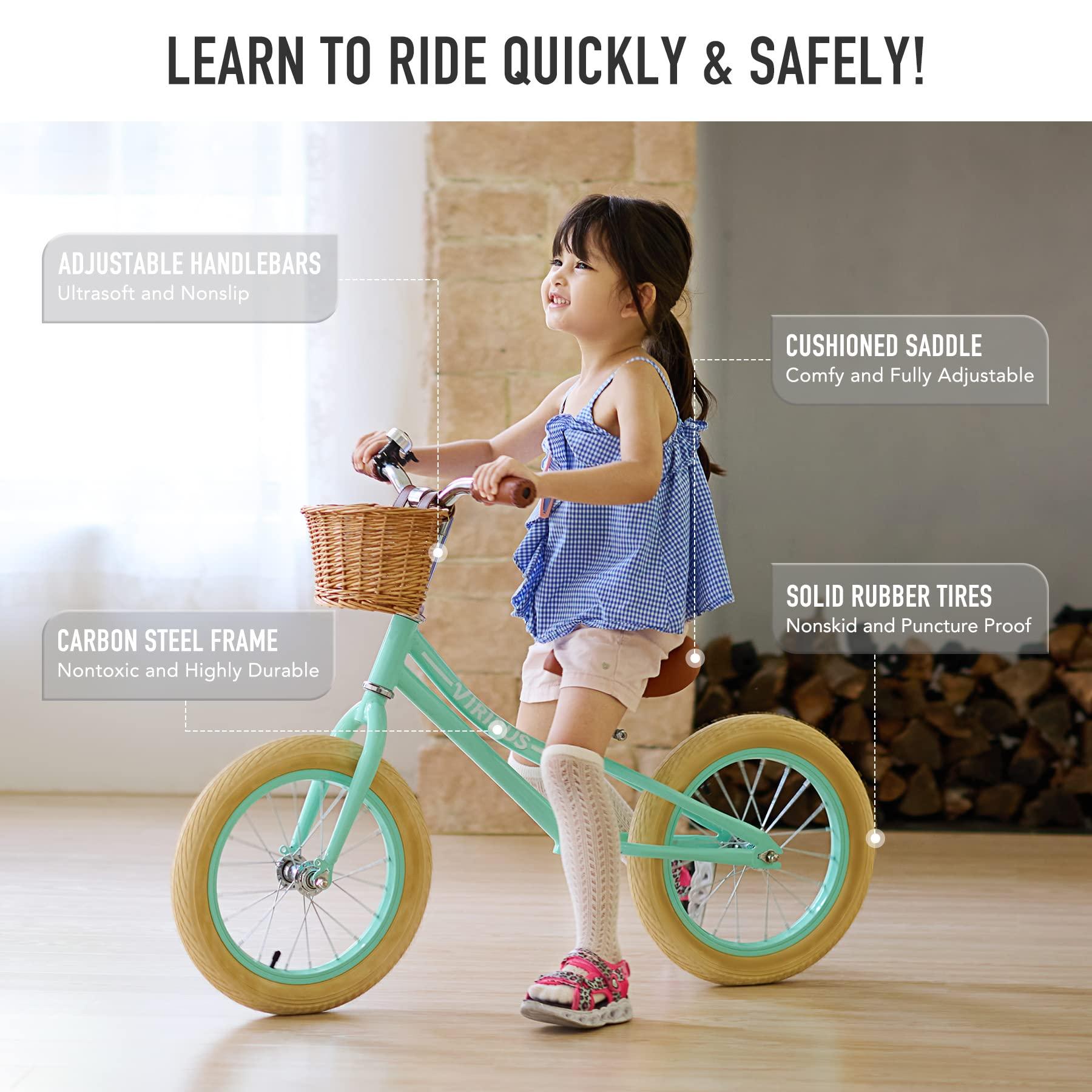 Viribus Viribus Balance Bike, 14 inch Balance Bike for 3+ 4 5 6 7 Year Old, Balance Bike with Basket for Big Kids, Kid Balance Bikes Boy Girl with Rubber Tire, Carbon Steel Frame, Outdoor Toy, Mint 66 lb.