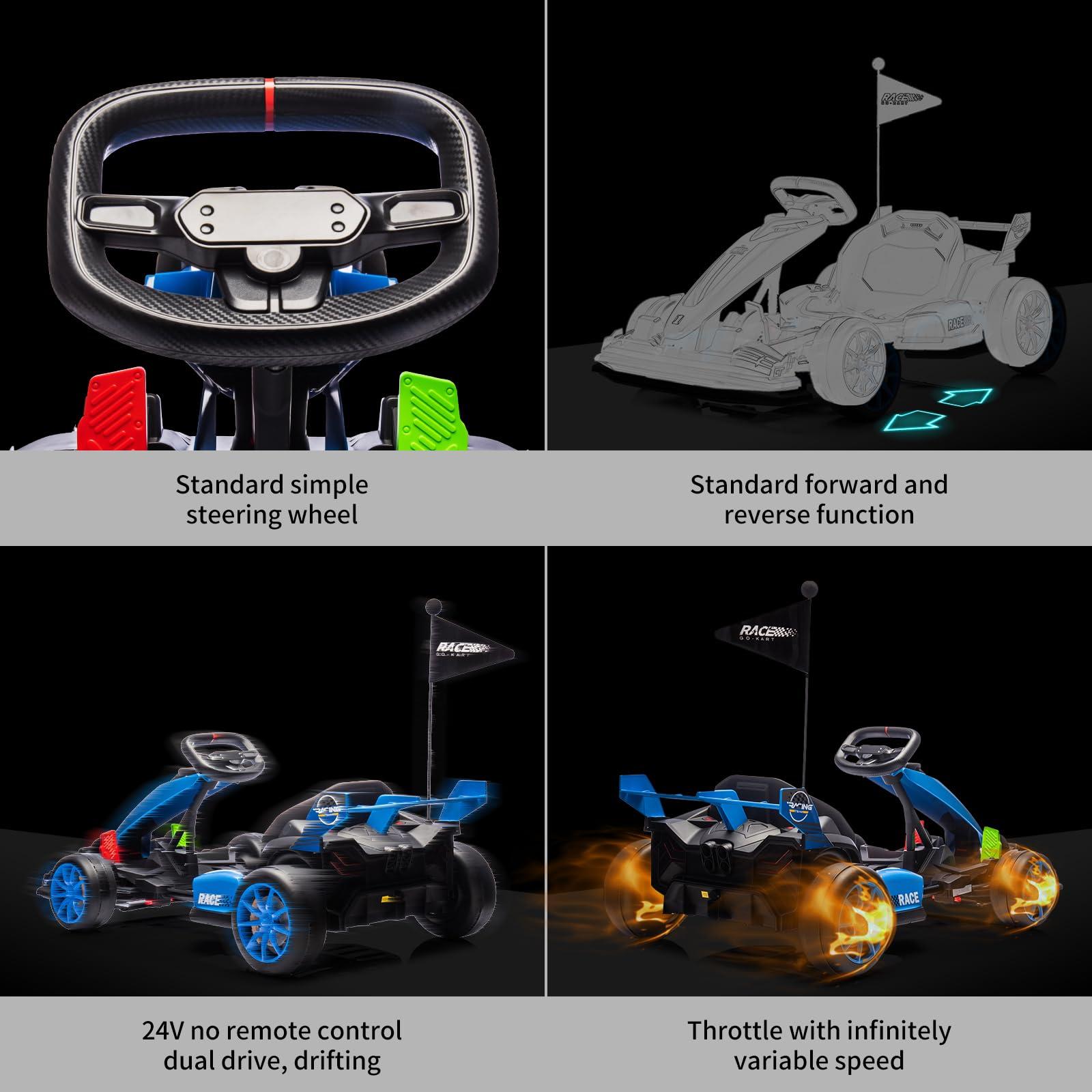 Hipicute 24V Go Kart, Electric Drift Kart Car with Adjustable Seat, Outdoor Ride On Toy with Variable Speed Mode, High-Speed Racing and Immersive Gaming Combo for Kids 6+ Years Old