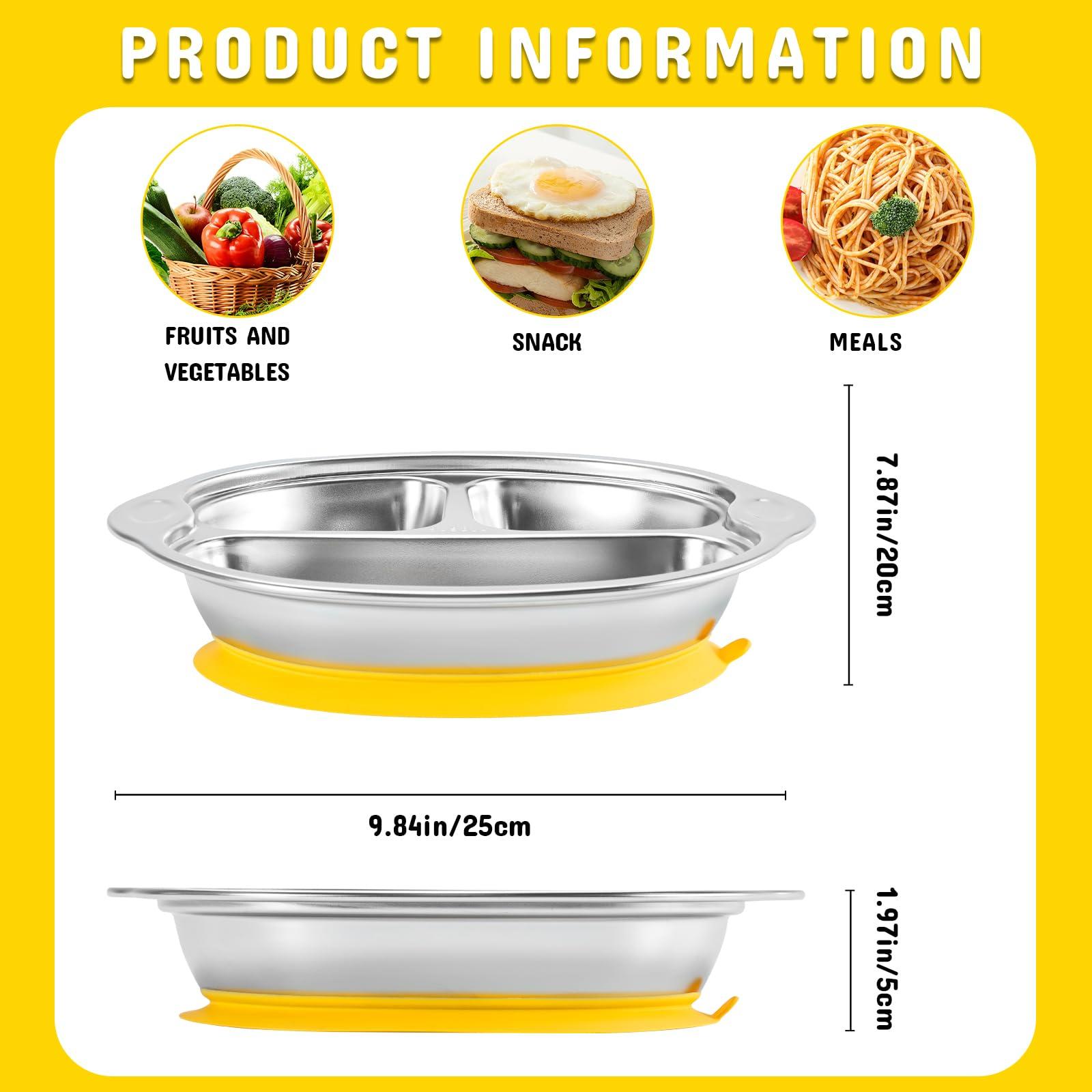 Mrs. Chou Stainless Steel Baby Suction Plates: Divided Plates Designed for Babies and Toddlers, Made of 100% Food-Grade Materials Ideal for Baby-Led Weaning BPA-Free Toddler Feeding Dishwasher Safe Yellow