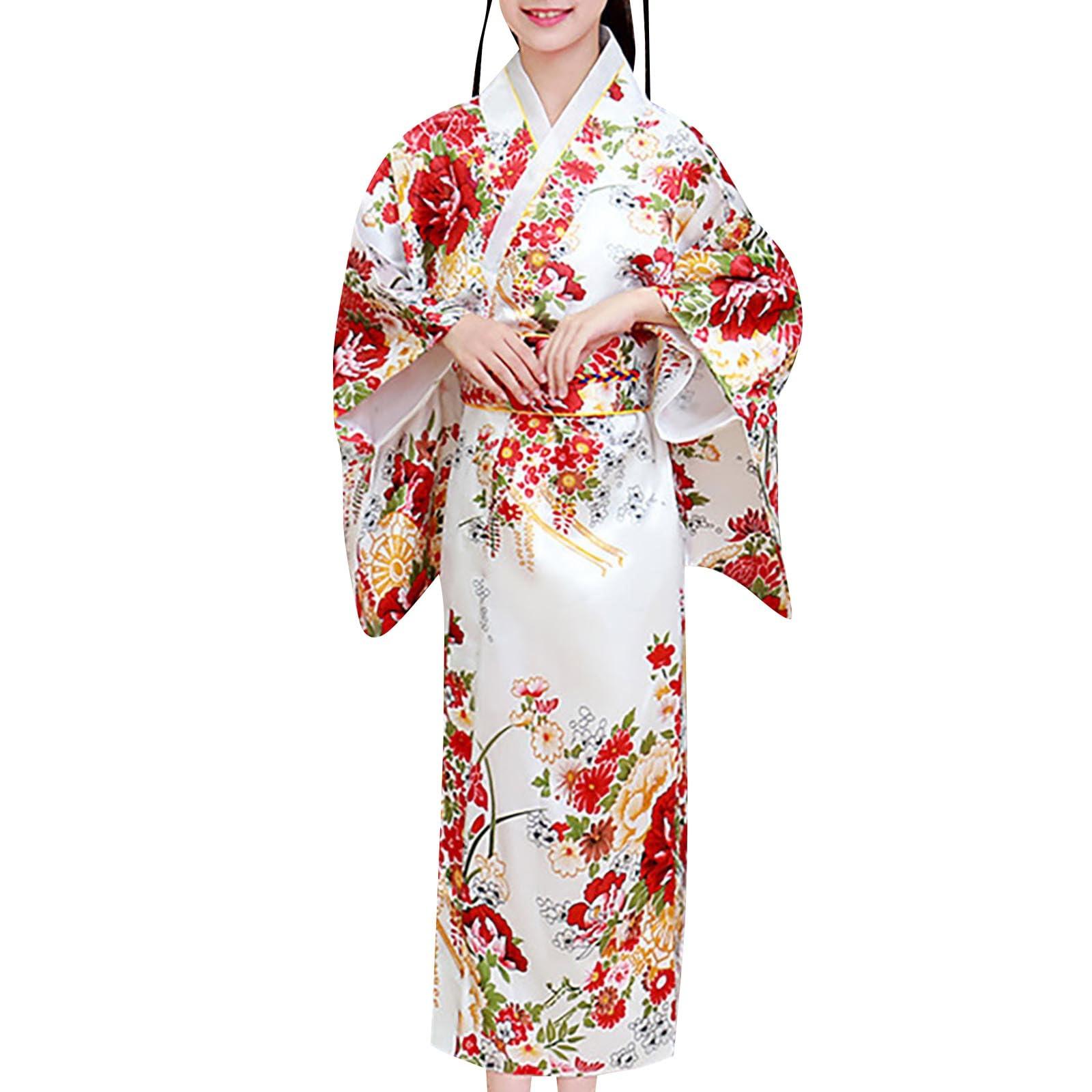 KAGAYD Japanese Traditional Robe Girls Halloween Costum Kids Kimono Outfits Loose Fit Dresses for Girls (White, 9-10 Years)