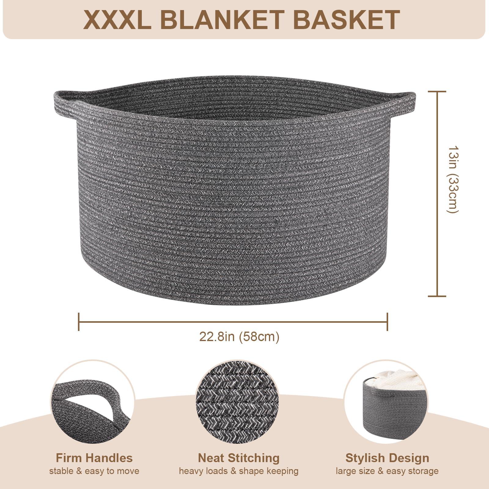 OIASKET OIASKET Large Woven Baskets for Storage, 22.8" x 22.8" x 13" Blanket Basket Living Room, Baby Toy Storage Basket, Big Laundry Basket for Clothes, Pillows, Towels, Shoe Basket for Entryway (Dark Grey)