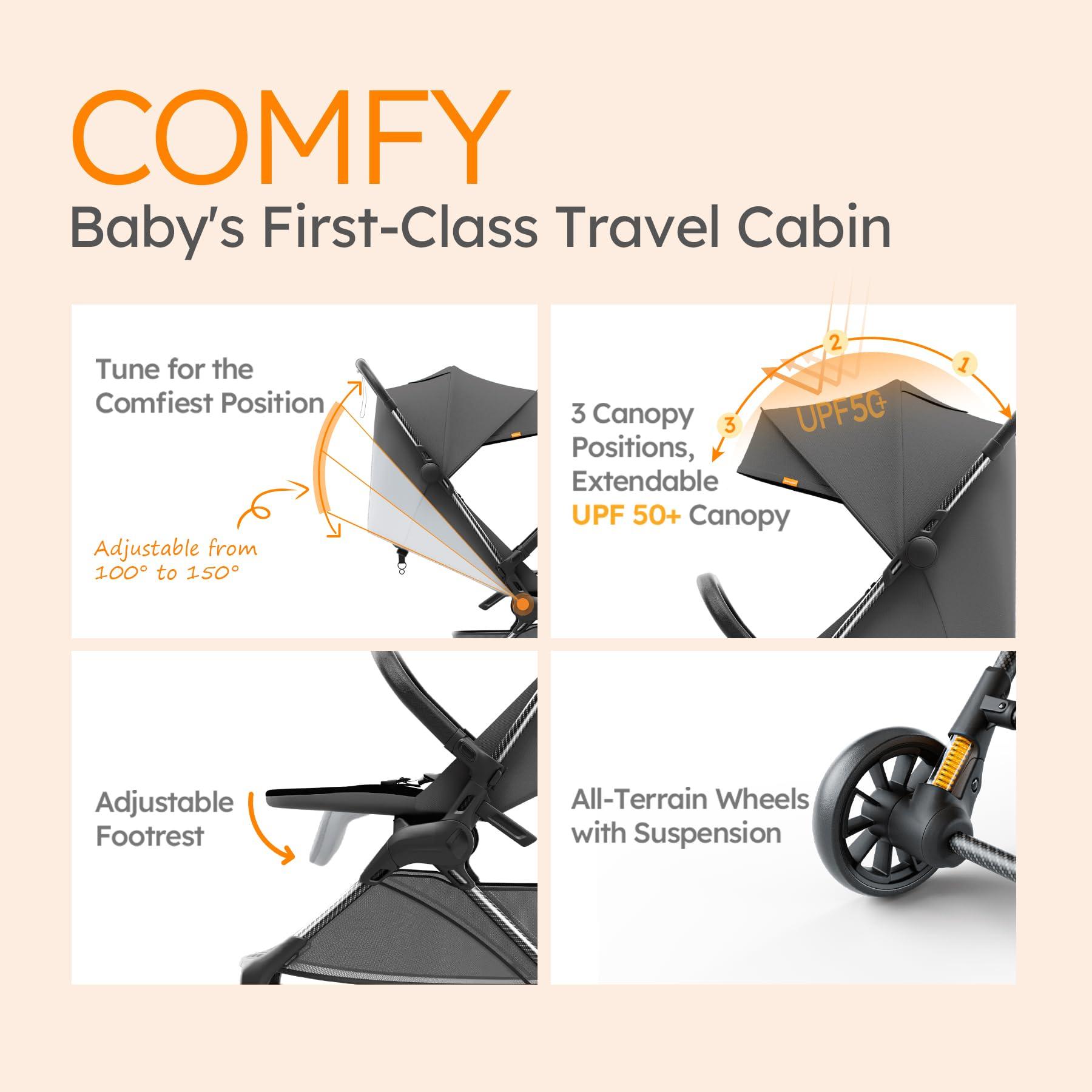 MAMAZING Lightweight Baby Strollers for Airplane, Ultra-Compact Travel Stroller, Light & Strong Portable Toddler Stroller with Carbon Fiber Frame and UPF 50+ Waterproof Fabric, Only 9.9 lbs, Black