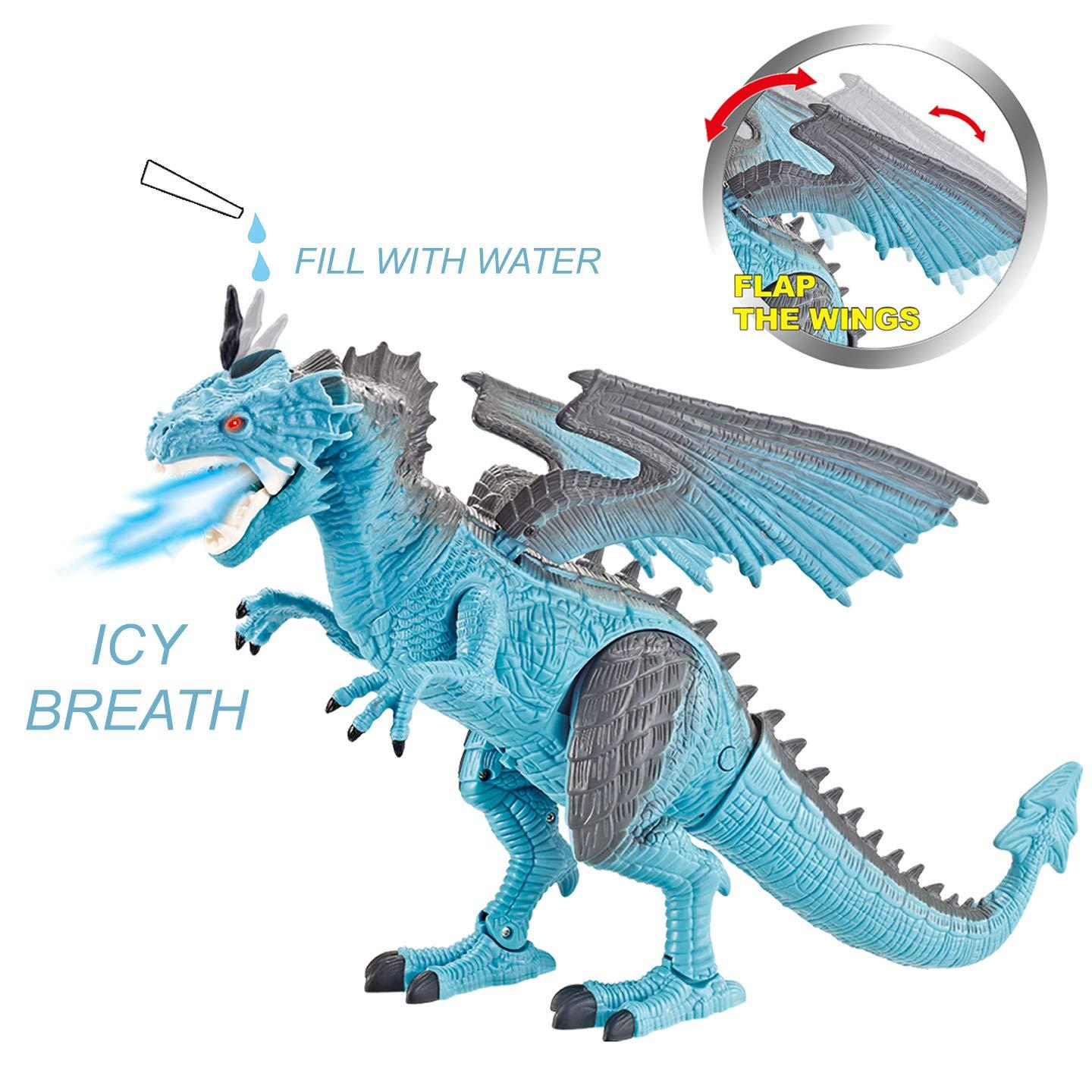 Liberty Imports Liberty Imports Remote Control RC Dragon Toy LED Light Up Walking Dragon Roaring and Spraying Smoke, Shaking Head, Light Up Eyes and Sounds (Ice Dragon (with Smoke))