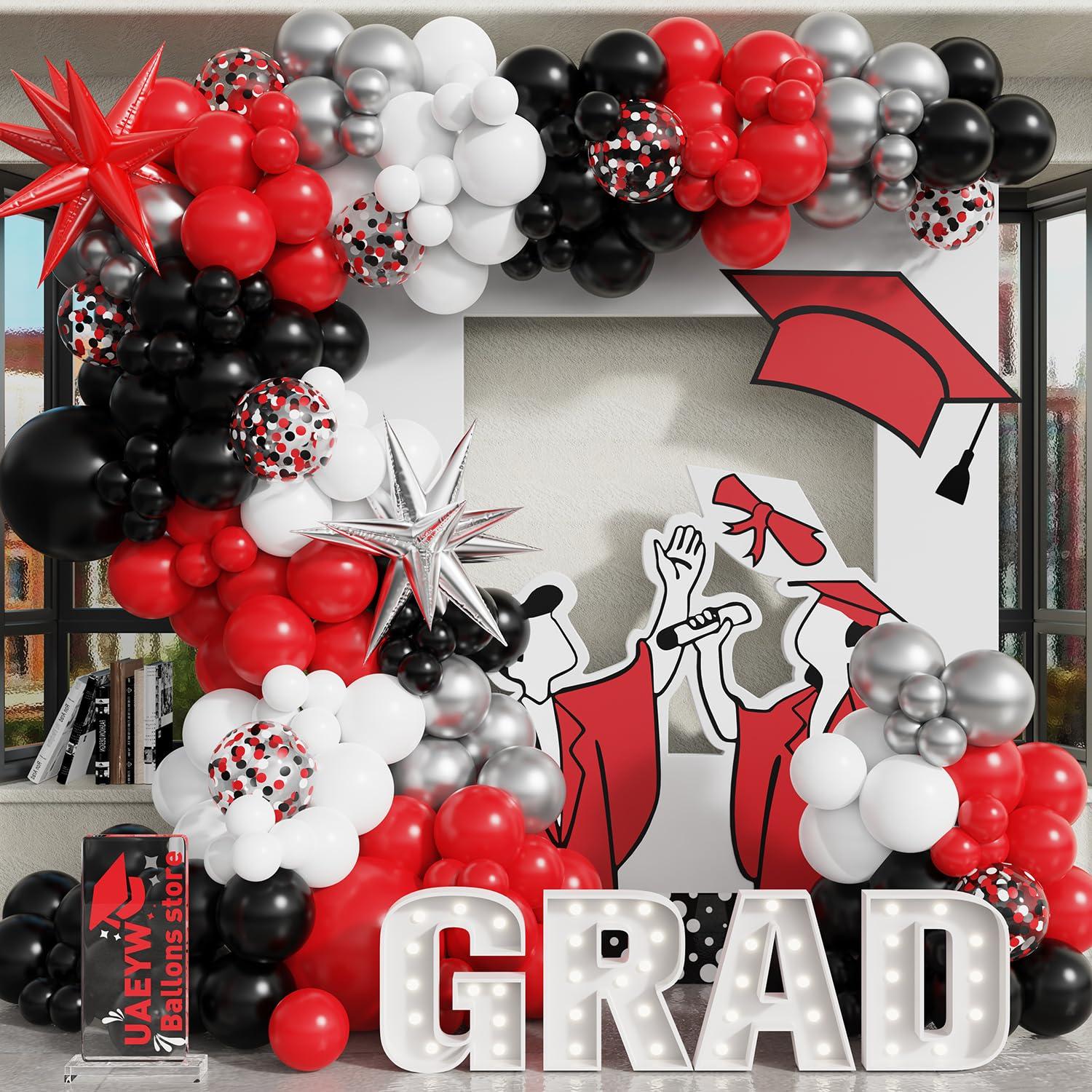 UAEYW 139Pcs Red and Black Balloon Arch Garland Kit for Graduation Party Decorations,Red Black White Silver Confetti Explosion Star Balloons for Class of 2024 Congrats Grad Celebrations Birthday Supplies