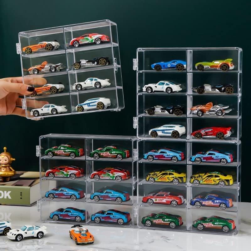 YAMAXUN Hot 1/64 Scale Matchbox Toy Car Display Box 4 Piece Toy Car Storage Box Holds Up to 32 Hot Wheels Cars, Clear Display Box with Clear Snap-On Dust Cover