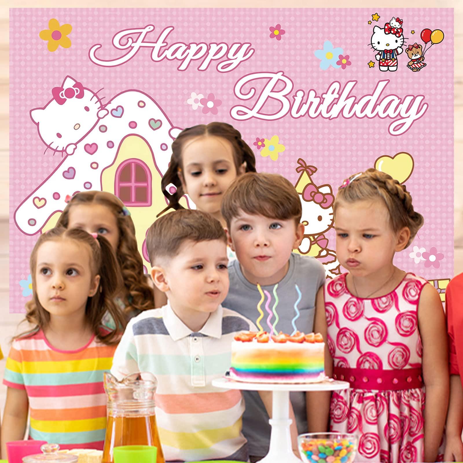 Lenglet Kawaii Kitty Birthday Party Supplies, Happy Birthday Backdrop for Kawaii Theme Party, 5 x 3 FT Cute Kitty Photography Background Banner for Girls Boys Birthday Party Decorations