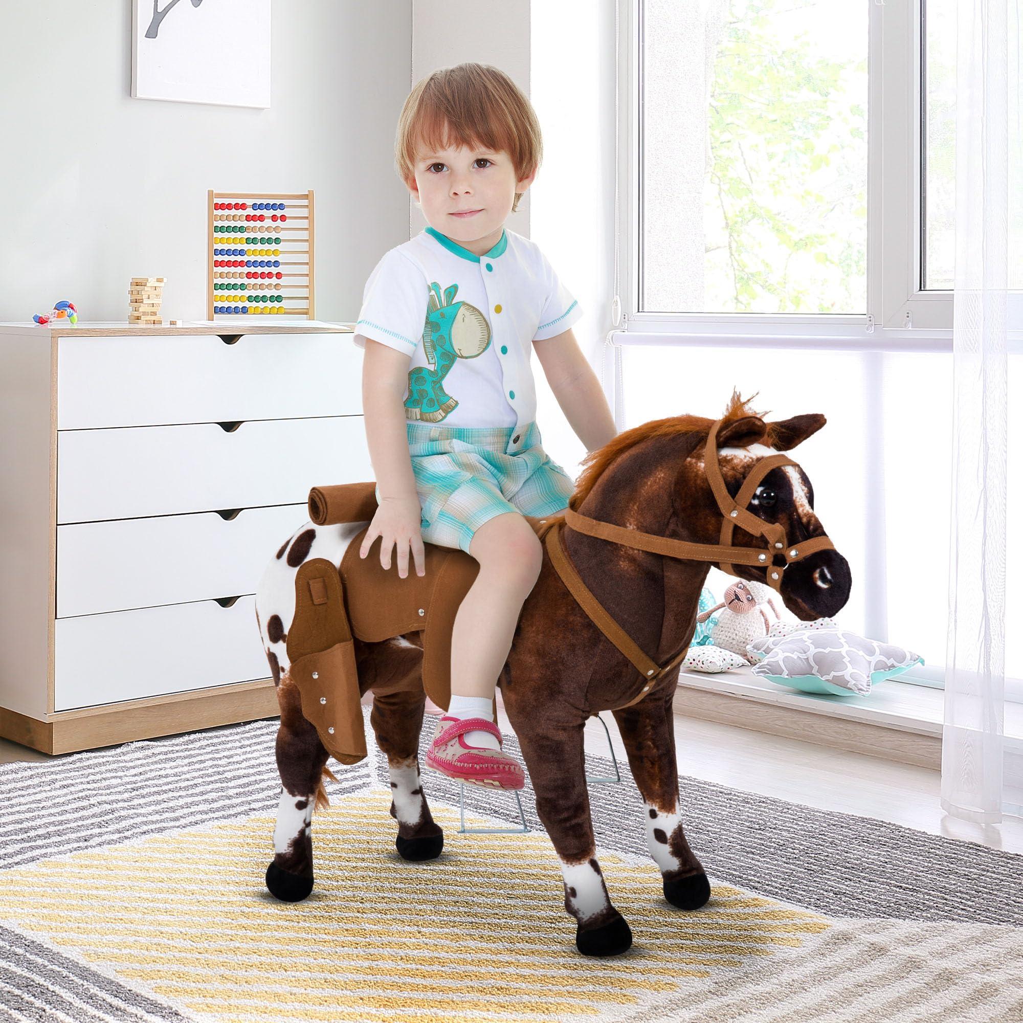 Qaba Qaba Sound-Making Ride On Horse for Toddlers 3-5, with Neighing and Galloping Sound, Stuffed Animal Horse Toy for Kids with Padding, Soft Feel, Brown