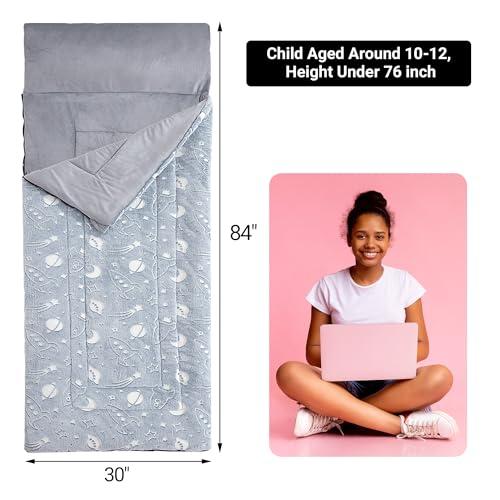 HOMBYS HOMBYS Glow in the Dark Sleeping Bags for 10~12 Years Old Kids, 84\"x30\" Soft Kids Nap Mat with Pillow and Blanket for Daycare School, Grey Travel Sleep Bag for Childern Girls Boys Truck Travel Camping