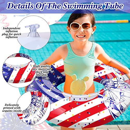 Wettarn Wettarn 4 Pcs 24 Inch Patriotic Inflatable Pool Float with Confetti USA Flag Swim Tube 4th of July Pool Tube Cool Pool Floaties Water Swimming Ring for Girls Boys Pool Toys Beach Lake Water Sports