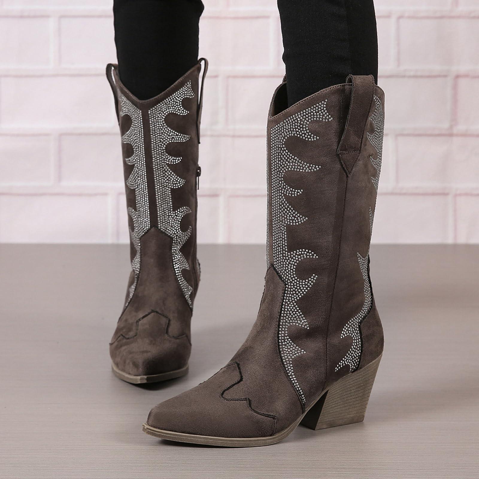 ZBYY ZBYY Women's Rhinestone Embroidered Western Cowboy Boots Mid Calf Chunky Heel Pull-Up Tabs Classic Cowgirl Boots