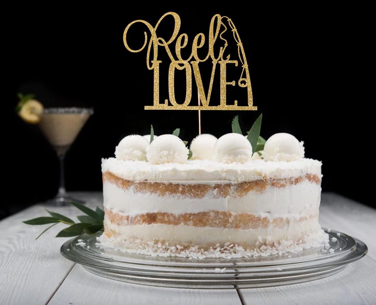 XIUHUBA Reel Love Wedding Cake Topper, Fishing Wedding Cake Toppers, Engagement Party Decors, Gold Glitter