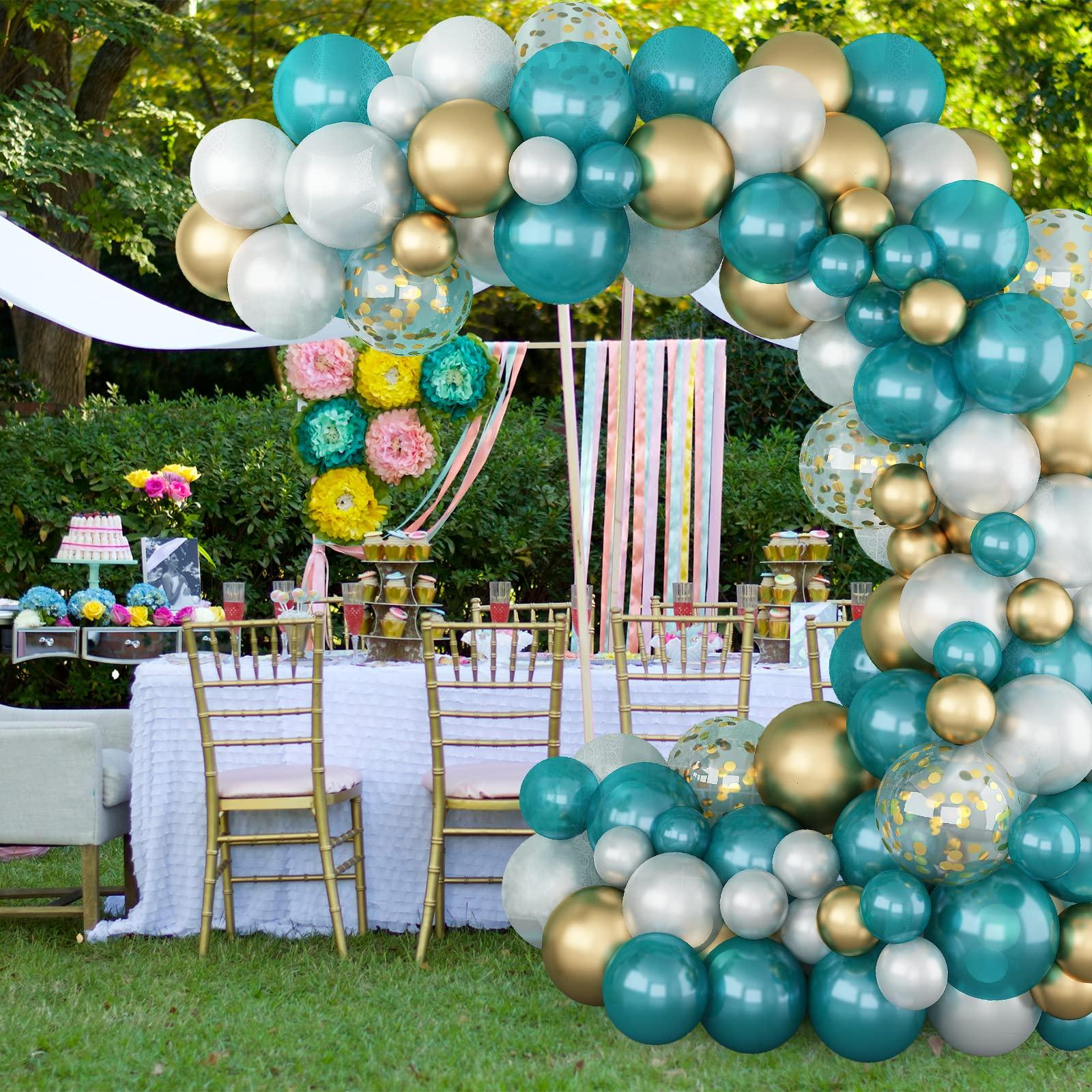Domgoge Matte Turquoise Blue Pearl White Balloons Garland Arch Kit Metallic Gold Balloon with Gold Confetti Latex Balloon Teal Blue Balloons Chrome Gold Party Decorations Supplies Birthday Baby Shower