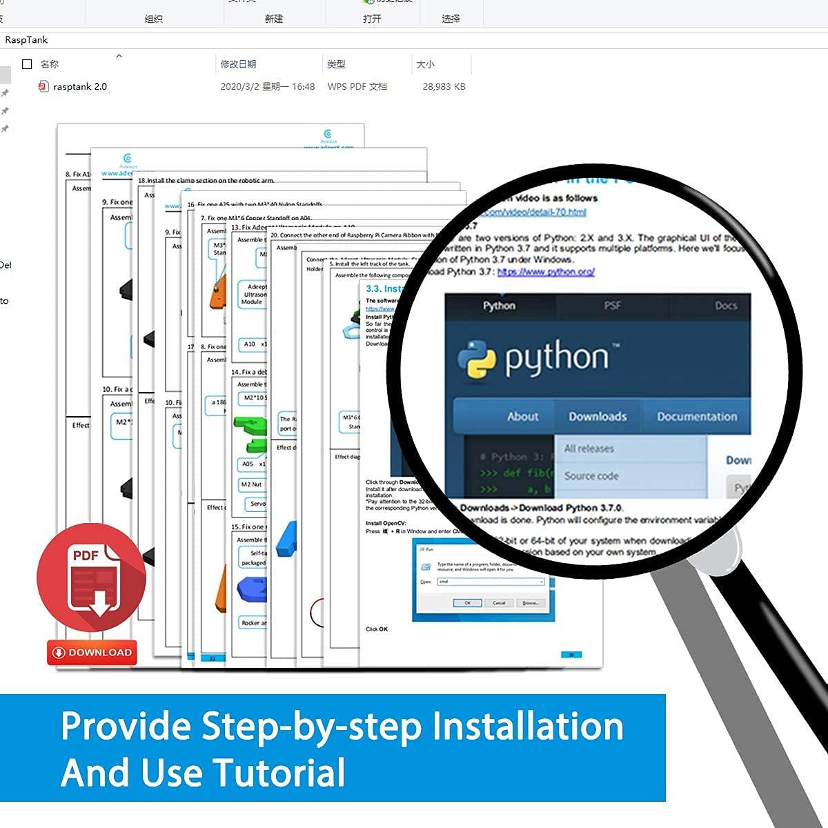 Gewbot Gewbot DIY Robot Model Kit for Raspberry Pi 4/3 Model B+/B WiFi Wireless Smart Robot Car Kit with 4-DOF Robotic Arm/OpenCV Target Tracking/Video Transmission Rasptank Robotic Kit with PDF