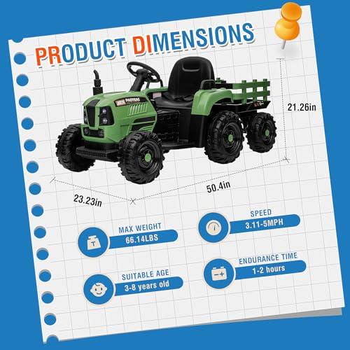 Feetice Tractor Toys, Ride on Tractor with Trailer, 24V 400W Powered Electric Tractor Remote Control, Music Bluetooth and USB Support, Electric Car for Kids, 3 Speed Adjustable, Two-Point Safety Belt, Green