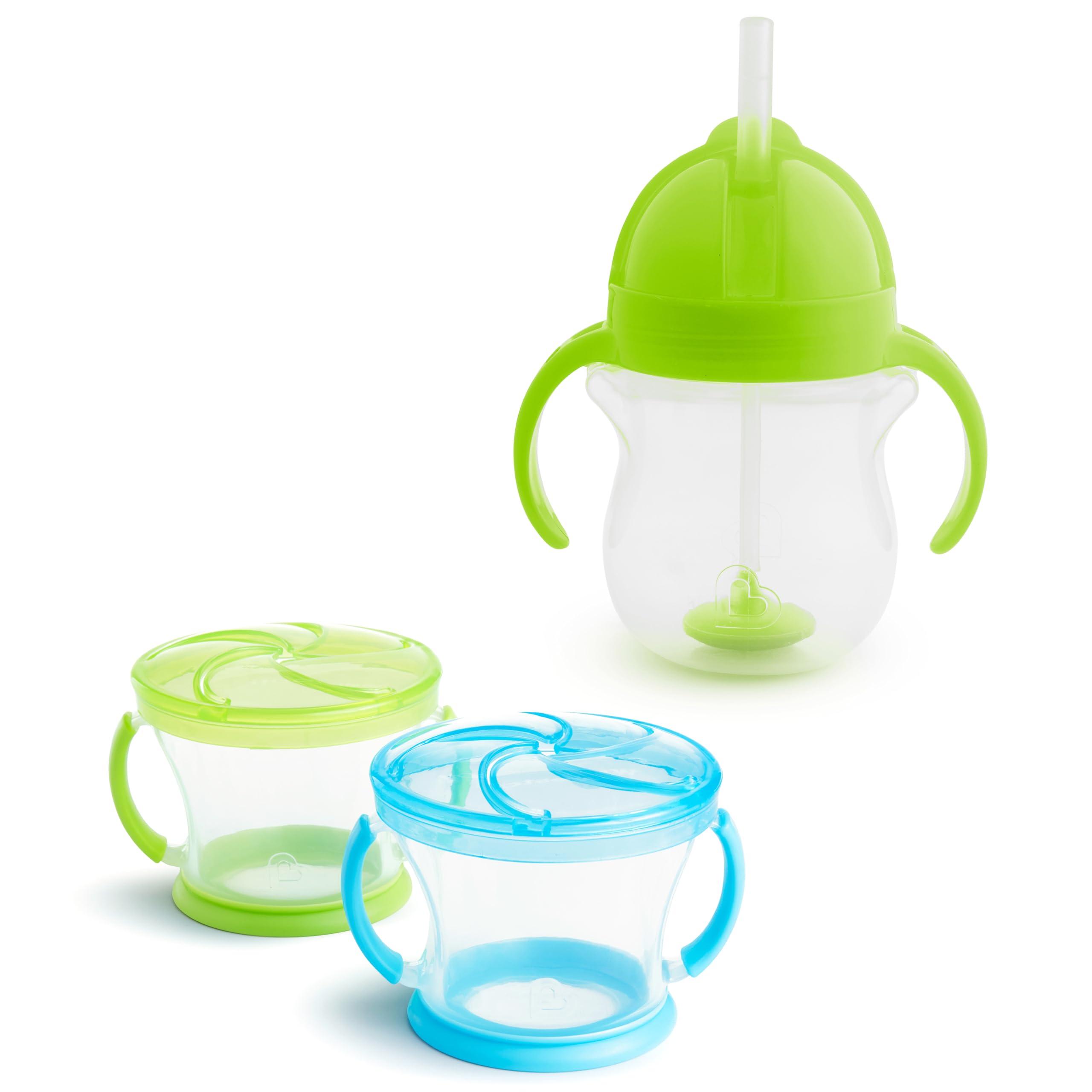 Munchkin Munchkin Happy Snacker Toddler Cup and Snack Containers - 7oz Any Angle Weighted Straw Trainer Cup and 9oz Snack Catchers, Green/Blue